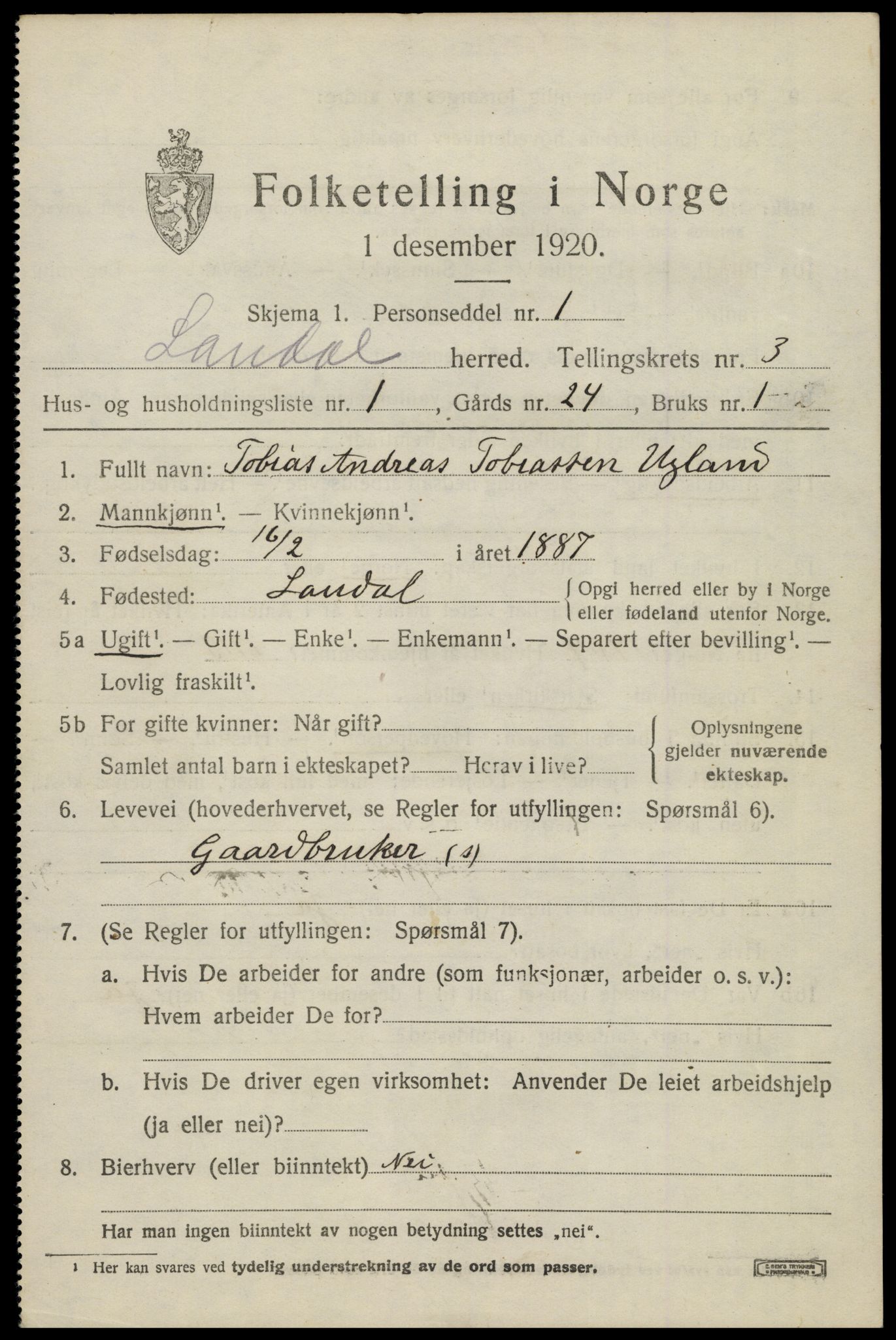 SAK, 1920 census for Laudal, 1920, p. 1002