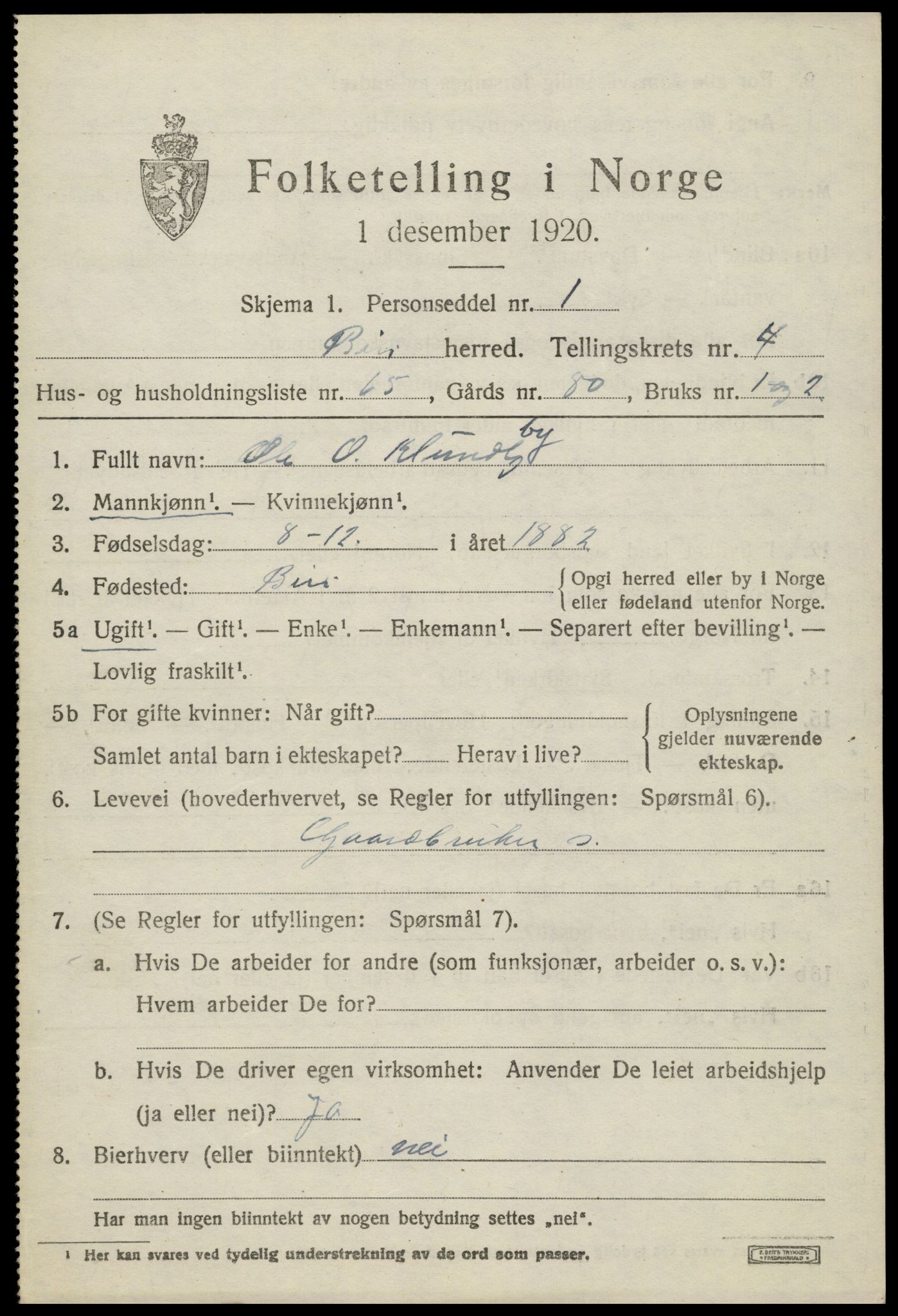 SAH, 1920 census for Biri, 1920, p. 3813