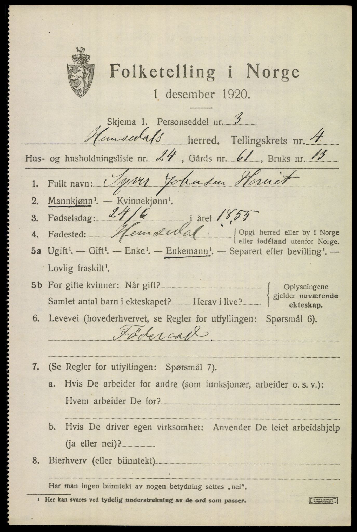 SAKO, 1920 census for Hemsedal, 1920, p. 1722