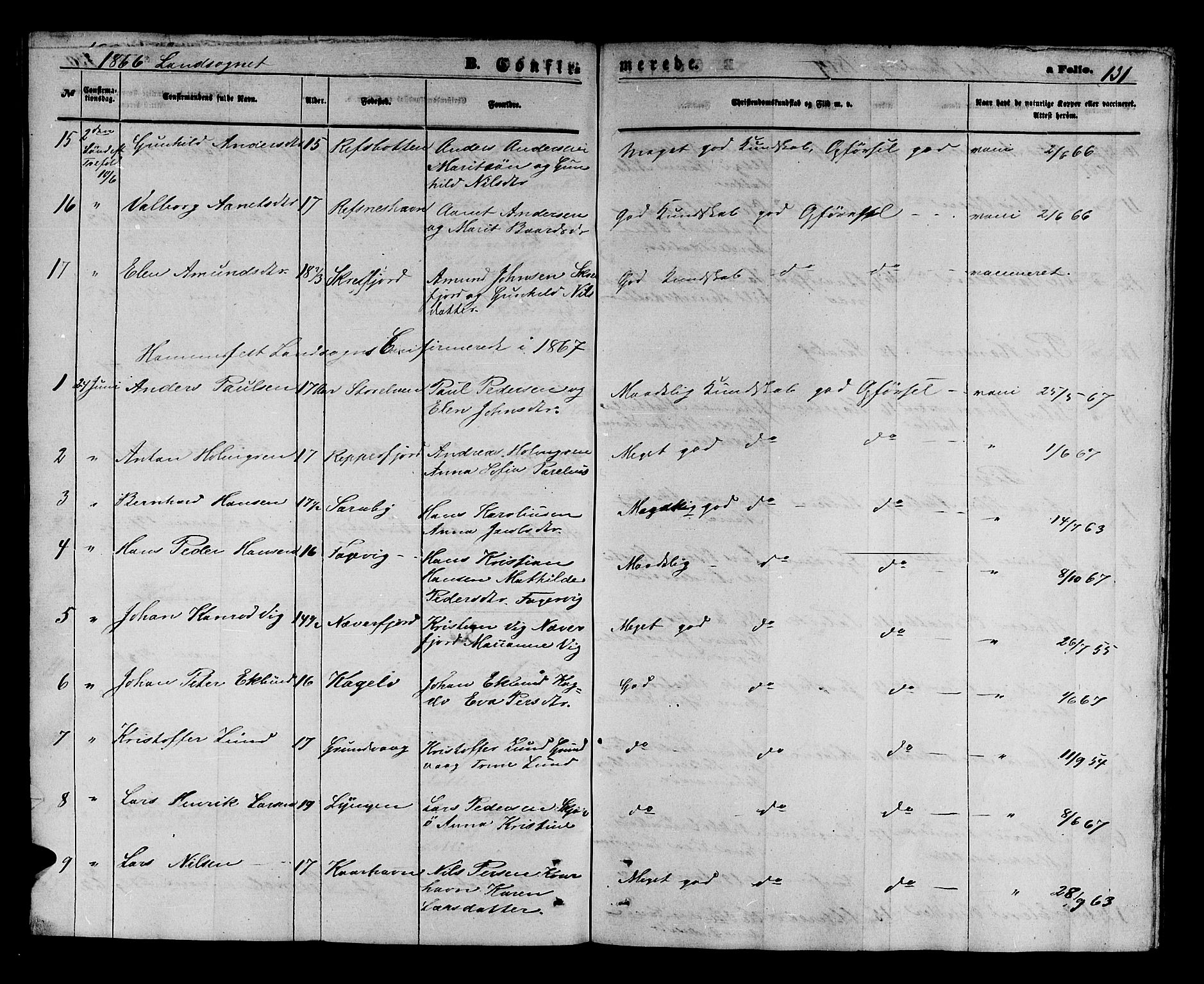 Hammerfest sokneprestkontor, SATØ/S-1347/H/Hb/L0003.klokk: Parish register (copy) no. 3 /2, 1863-1868, p. 131