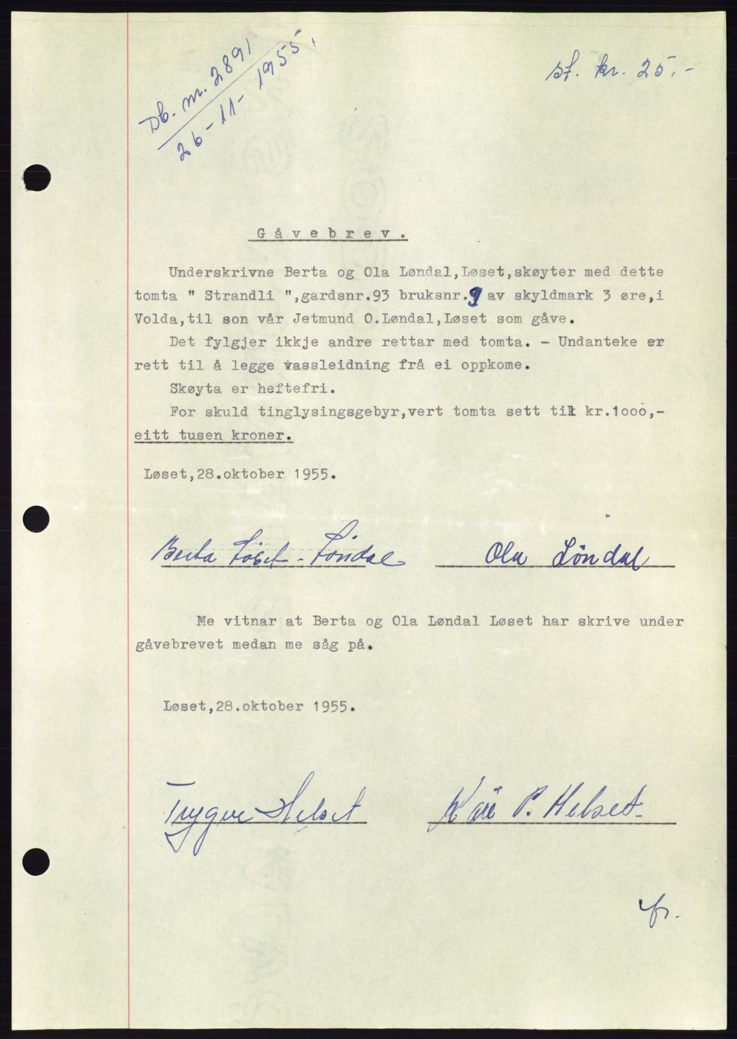 Søre Sunnmøre sorenskriveri, AV/SAT-A-4122/1/2/2C/L0102: Mortgage book no. 28A, 1955-1956, Diary no: : 2891/1955