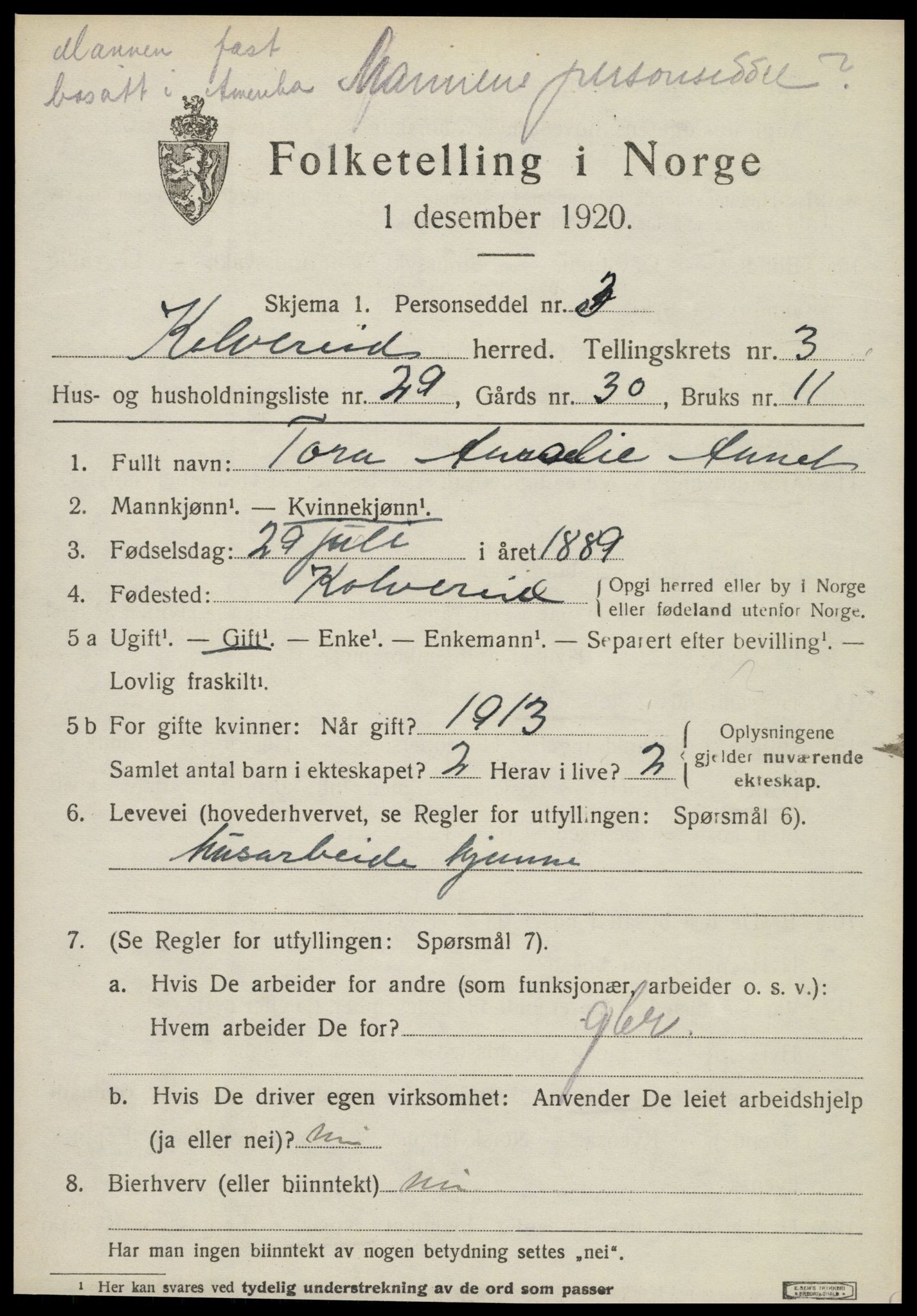 SAT, 1920 census for Kolvereid, 1920, p. 2237