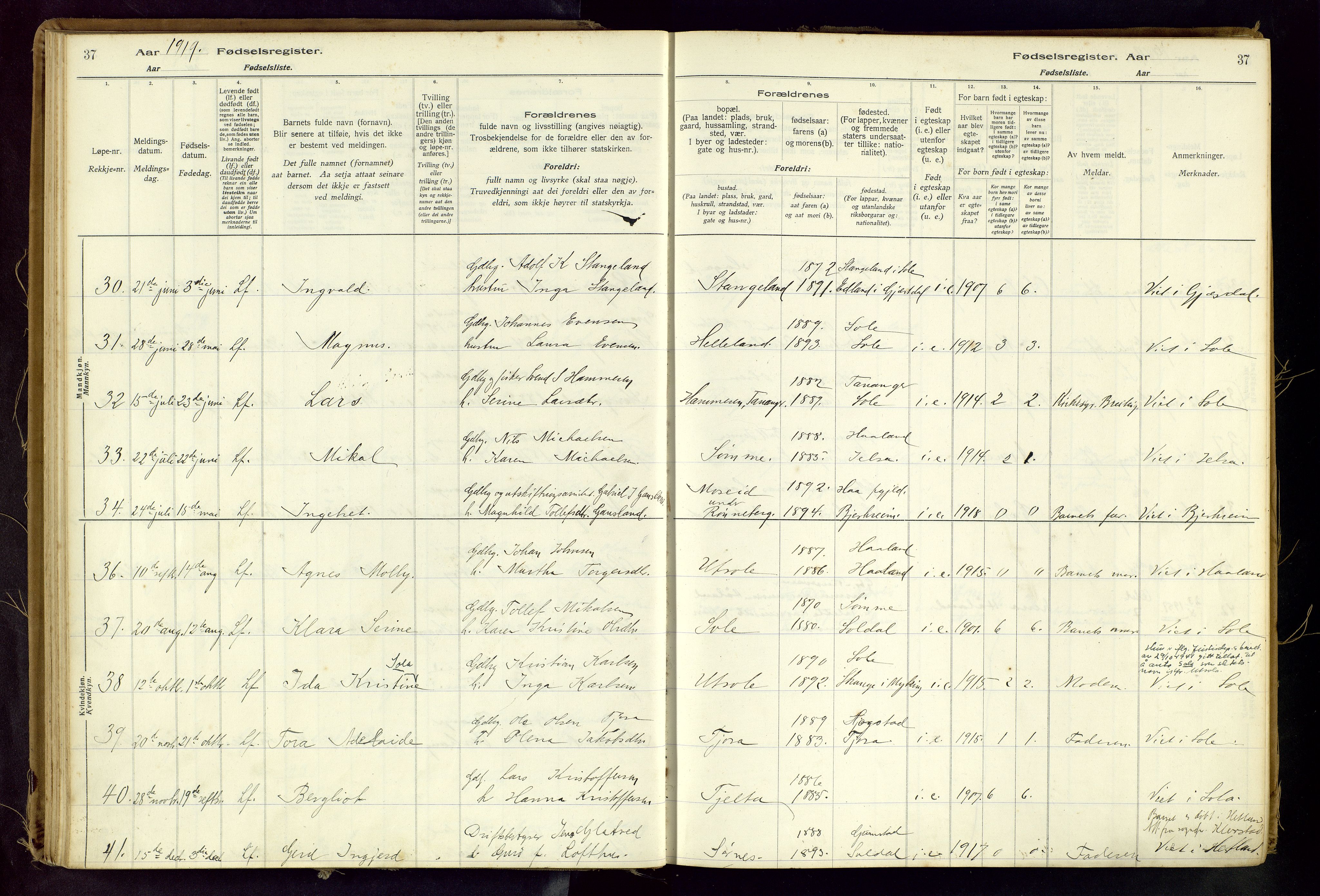 Håland sokneprestkontor, AV/SAST-A-101802/001/704BA/L0001: Birth register no. 1, 1916-1936, p. 37