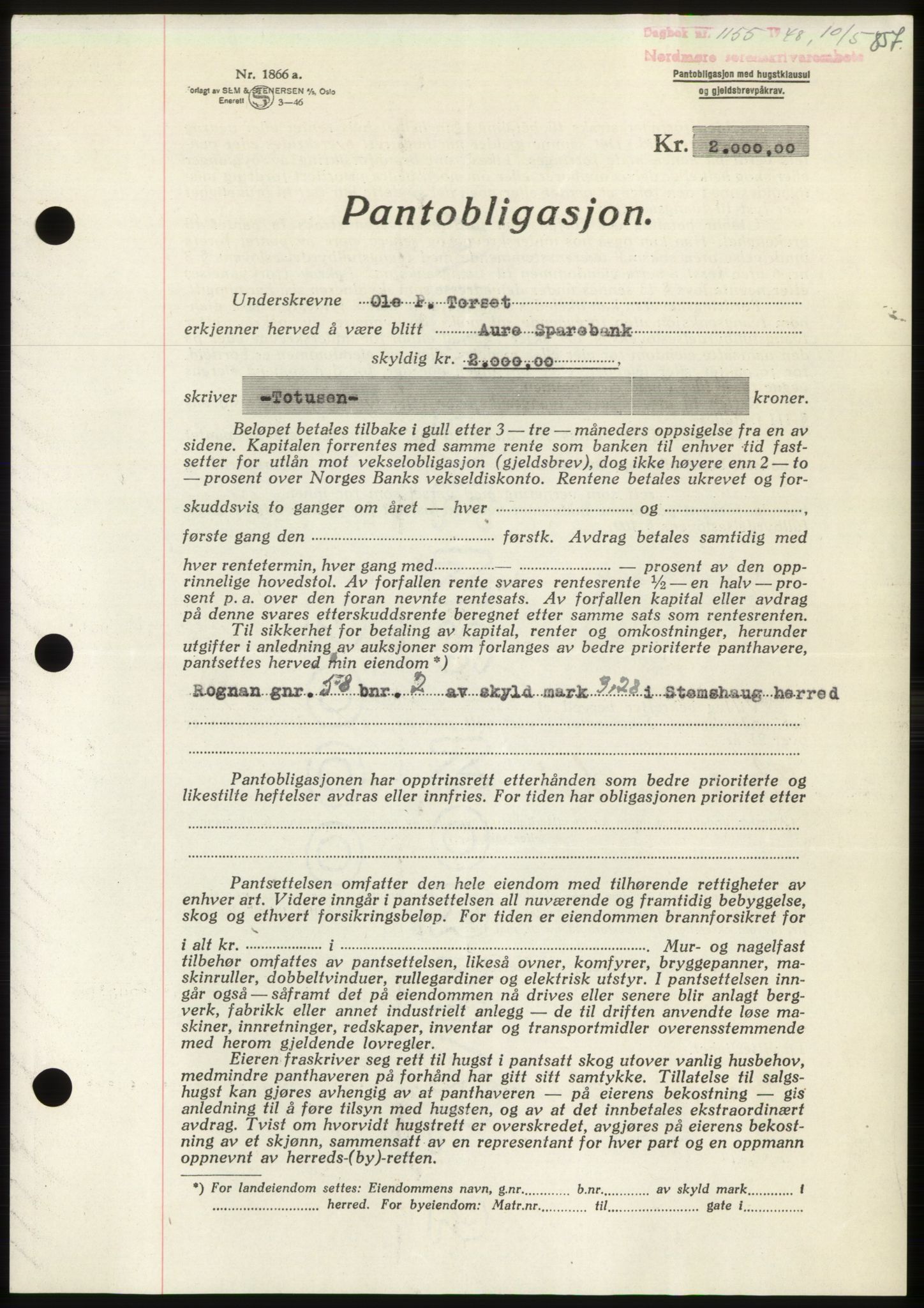 Nordmøre sorenskriveri, AV/SAT-A-4132/1/2/2Ca: Mortgage book no. B98, 1948-1948, Diary no: : 1155/1948