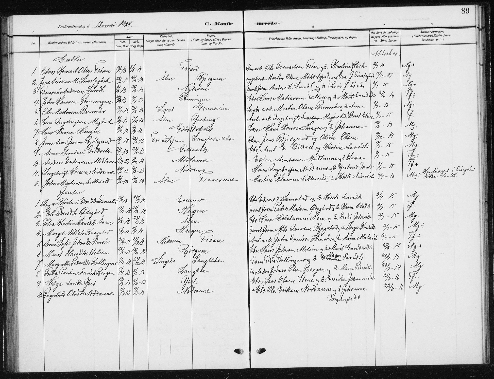 Ministerialprotokoller, klokkerbøker og fødselsregistre - Sør-Trøndelag, SAT/A-1456/685/L0979: Parish register (copy) no. 685C04, 1908-1933, p. 89