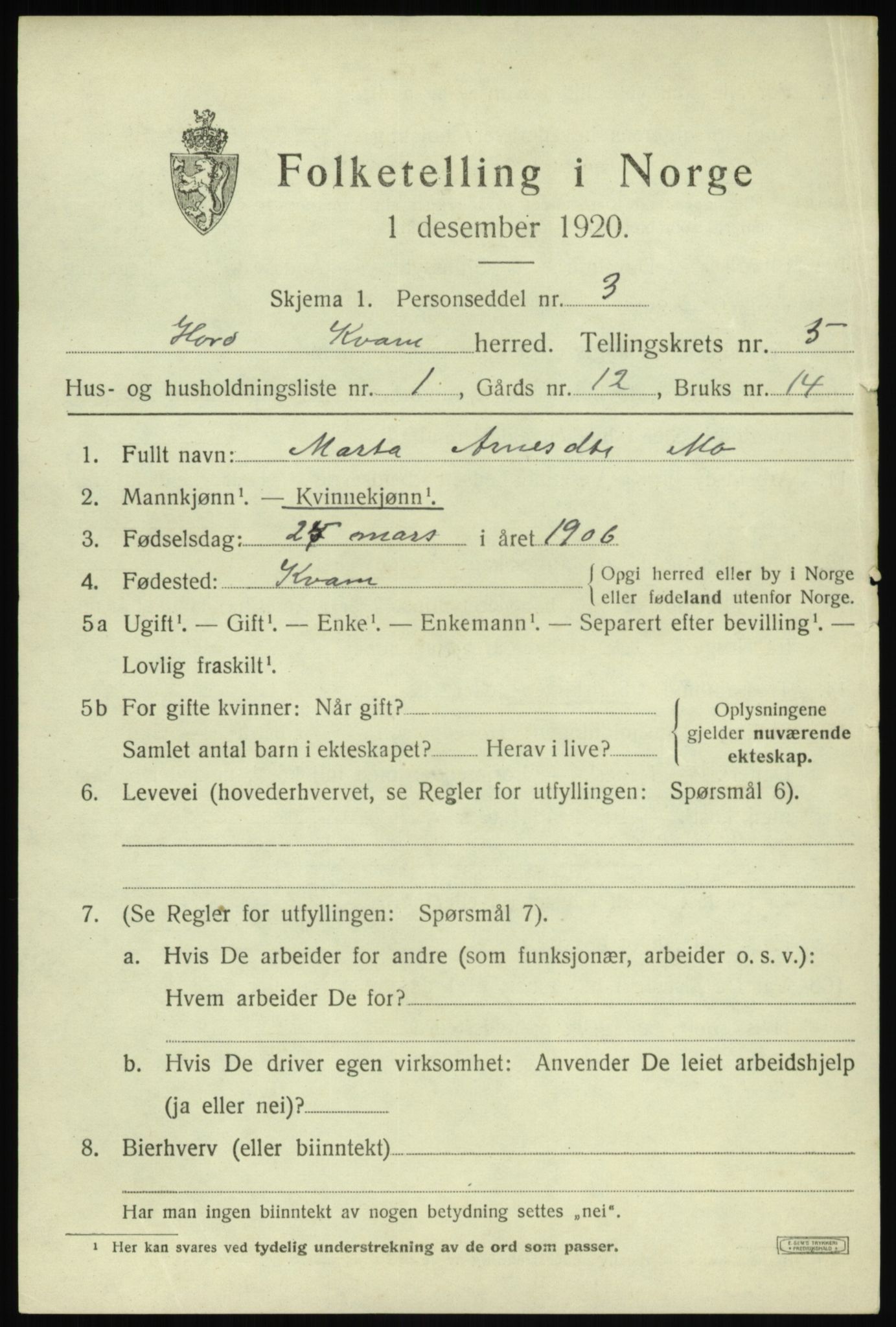 SAB, 1920 census for Kvam, 1920, p. 3775