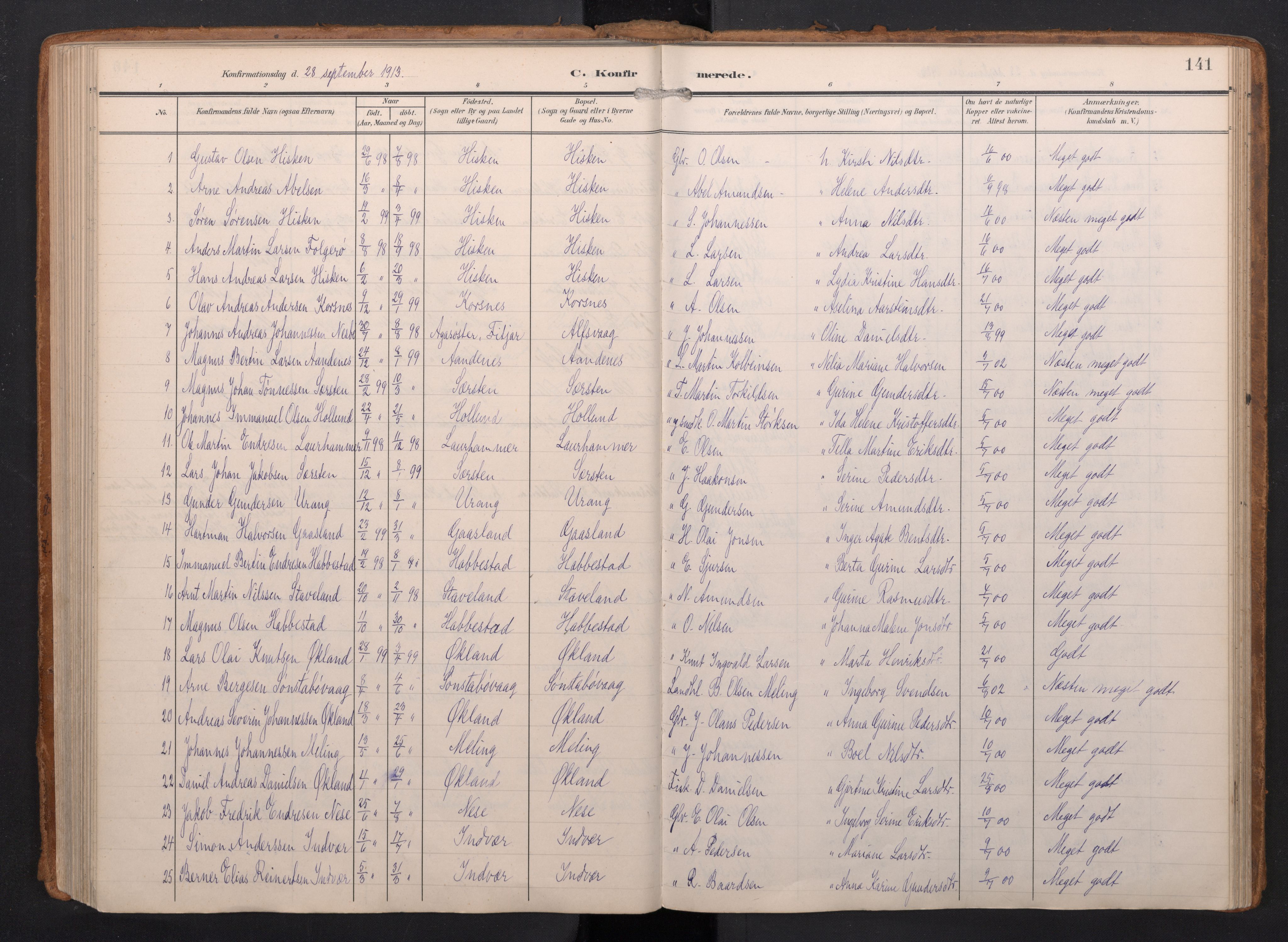 Finnås sokneprestembete, SAB/A-99925/H/Ha/Haa/Haac/L0003: Parish register (official) no. C 3, 1905-1917, p. 141