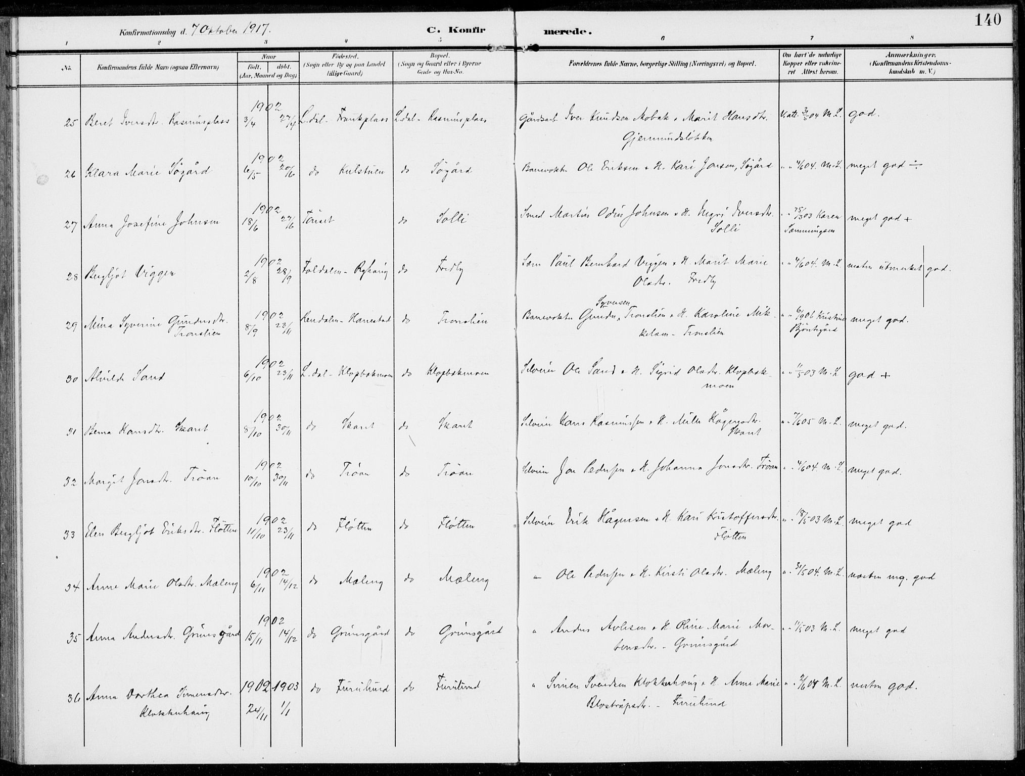 Alvdal prestekontor, AV/SAH-PREST-060/H/Ha/Haa/L0004: Parish register (official) no. 4, 1907-1919, p. 140