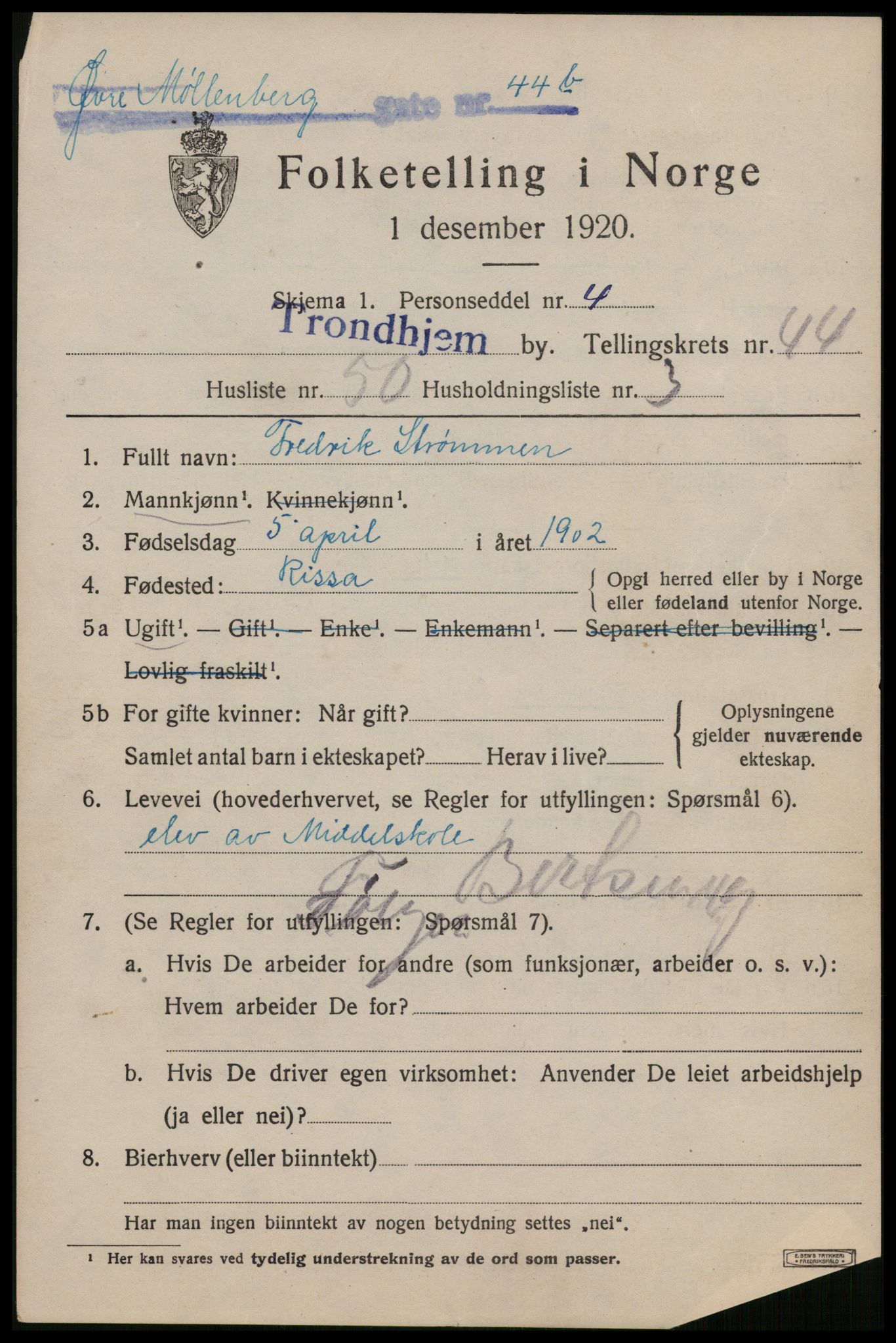 SAT, 1920 census for Trondheim, 1920, p. 96110