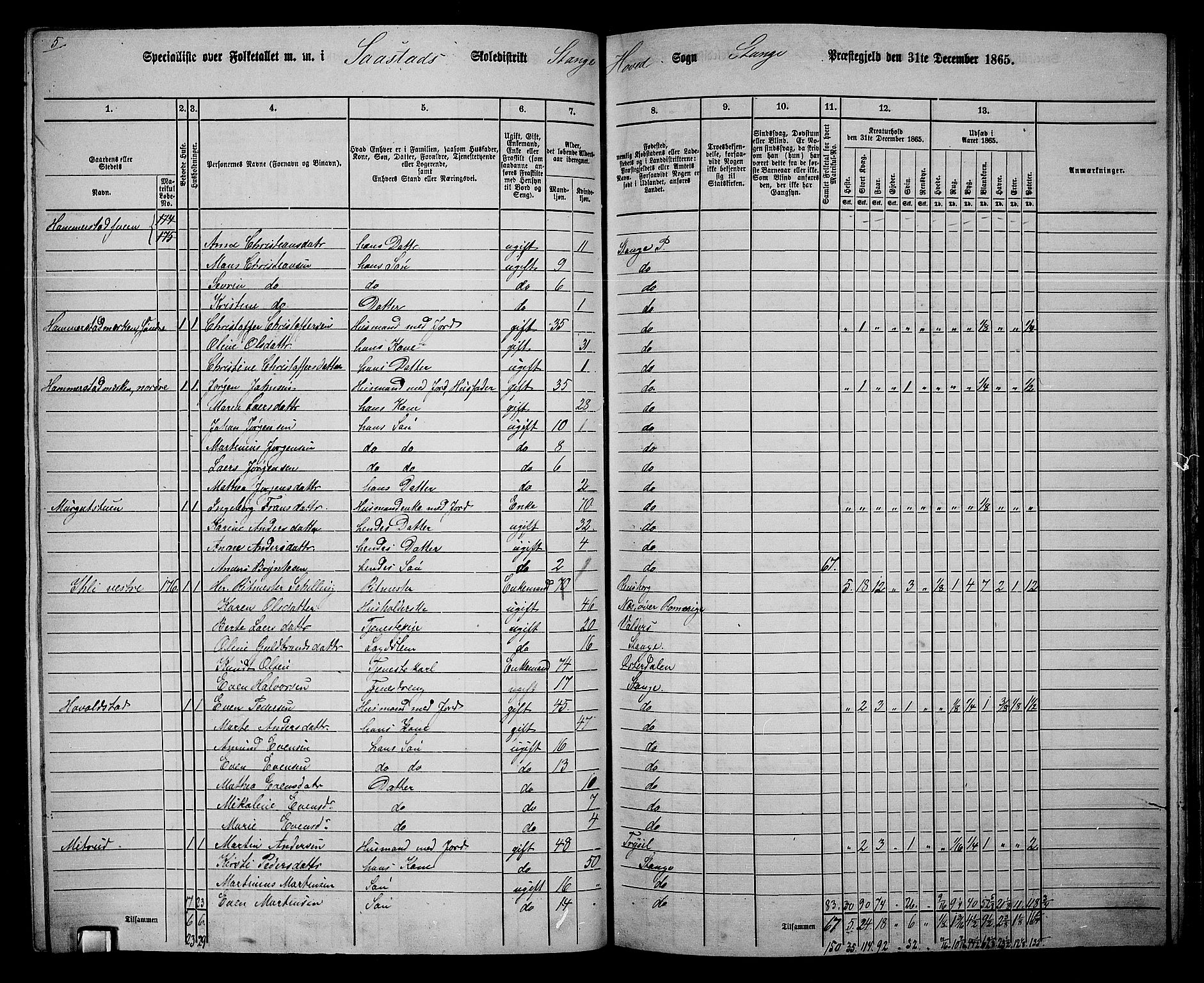 RA, 1865 census for Stange, 1865, p. 157