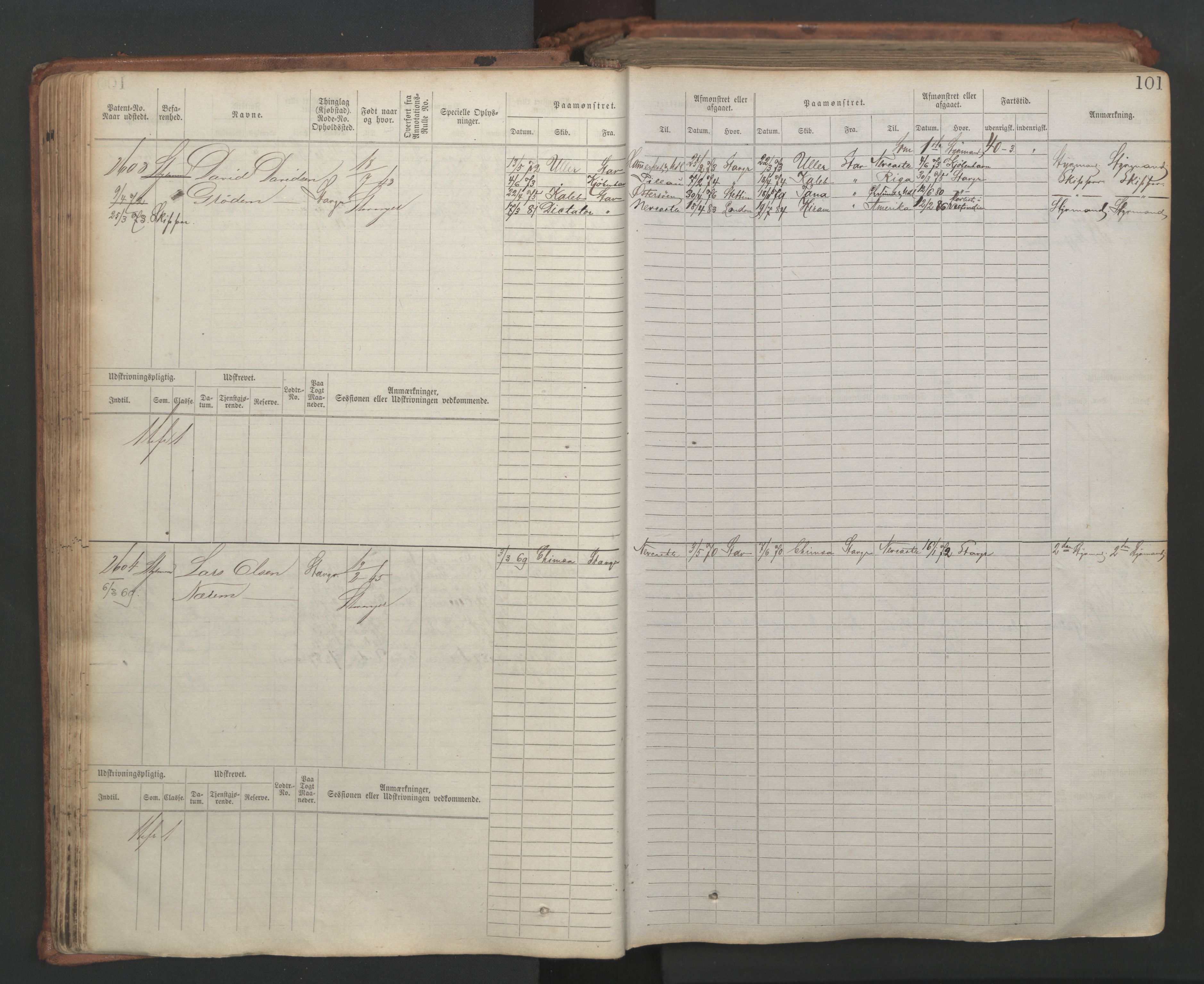 Stavanger sjømannskontor, SAST/A-102006/F/Fb/Fbb/L0007: Sjøfartshovedrulle, patentnr. 2403-3604, 1869-1880, p. 106