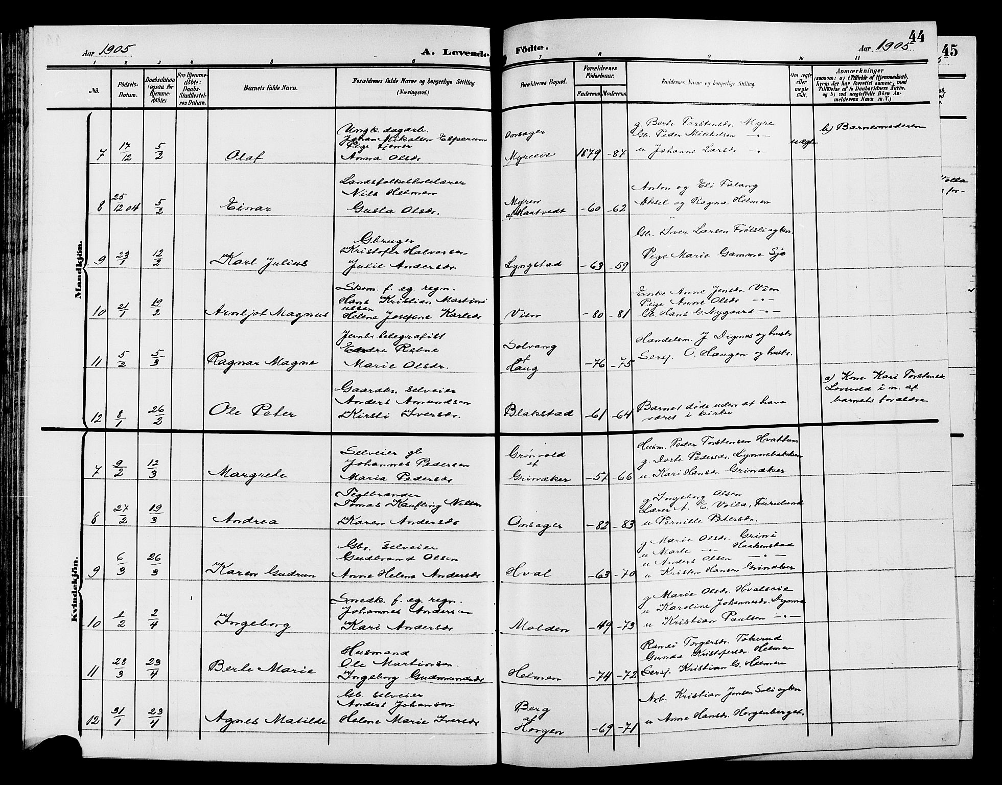 Gran prestekontor, SAH/PREST-112/H/Ha/Hab/L0006: Parish register (copy) no. 6, 1901-1911, p. 44