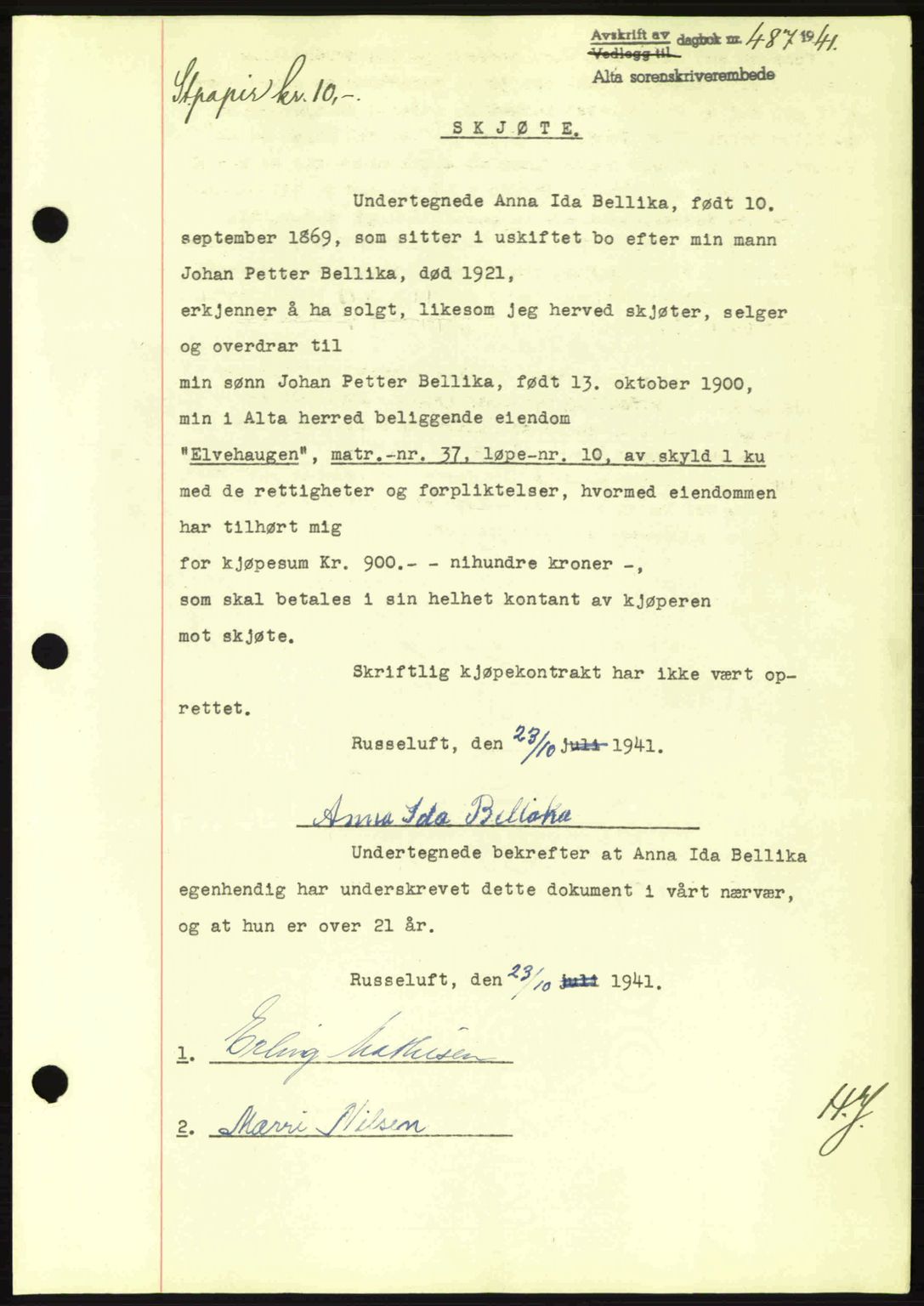 Alta fogderi/sorenskriveri, SATØ/SATØ-5/1/K/Kd/L0033pantebok: Mortgage book no. 33, 1940-1943, Diary no: : 487/1941