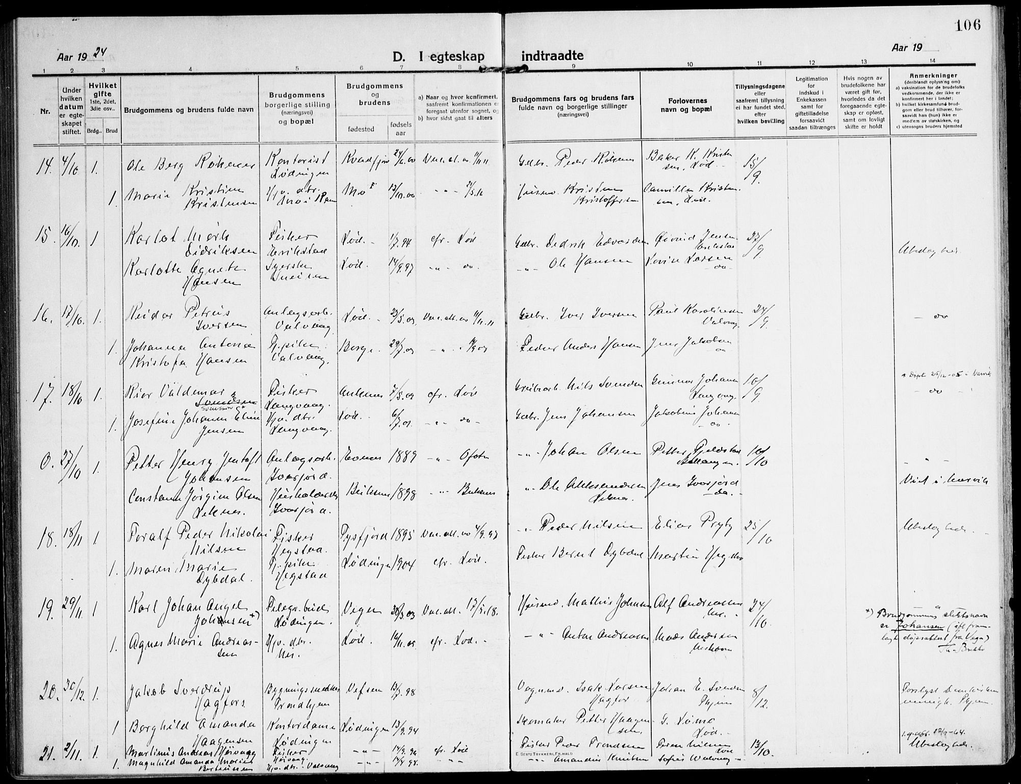 Ministerialprotokoller, klokkerbøker og fødselsregistre - Nordland, AV/SAT-A-1459/872/L1037: Parish register (official) no. 872A12, 1914-1925, p. 106