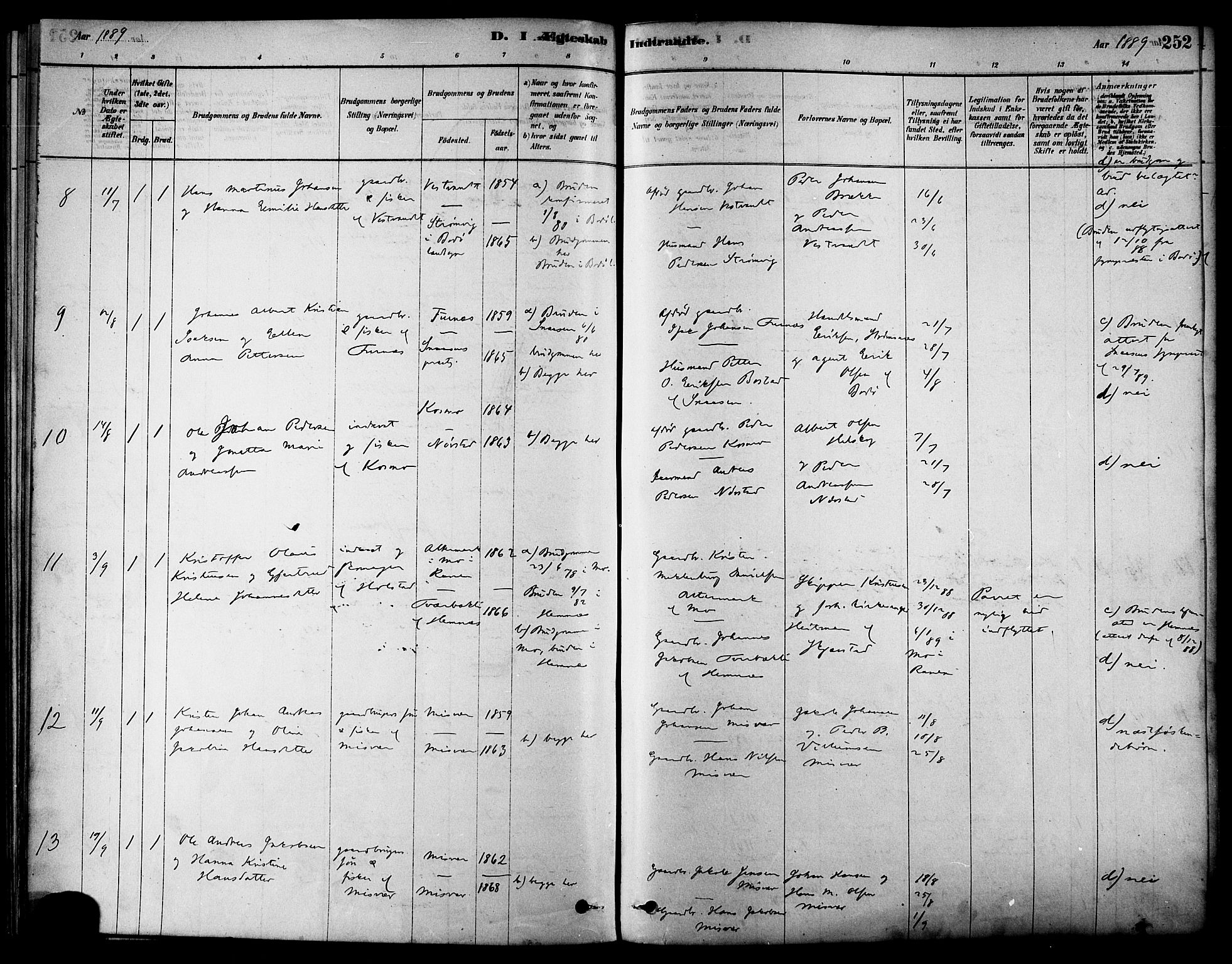 Ministerialprotokoller, klokkerbøker og fødselsregistre - Nordland, AV/SAT-A-1459/852/L0740: Parish register (official) no. 852A10, 1878-1894, p. 252