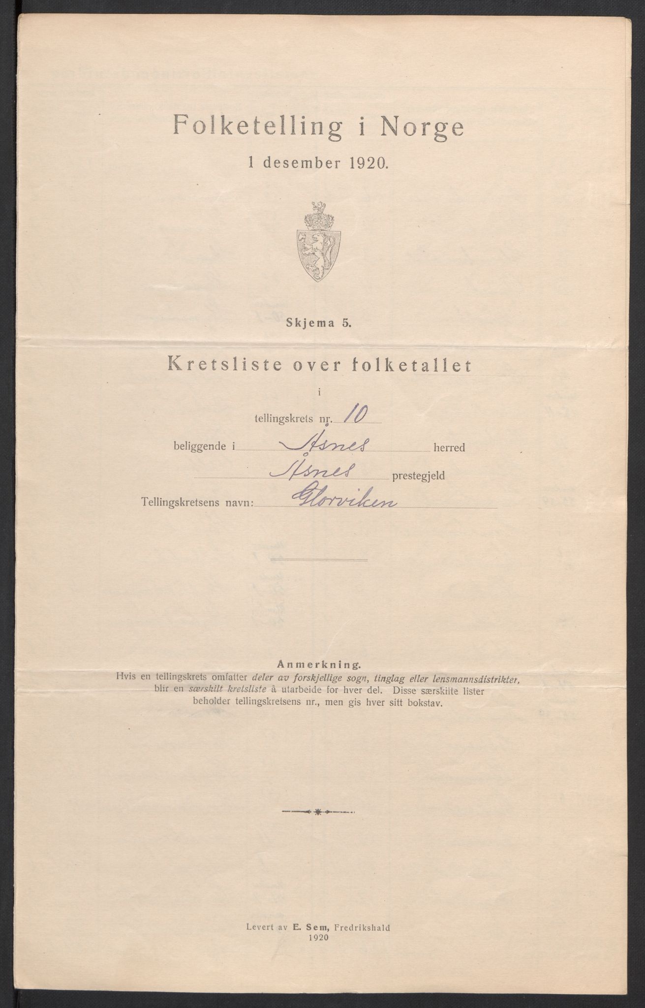 SAH, 1920 census for Åsnes, 1920, p. 36