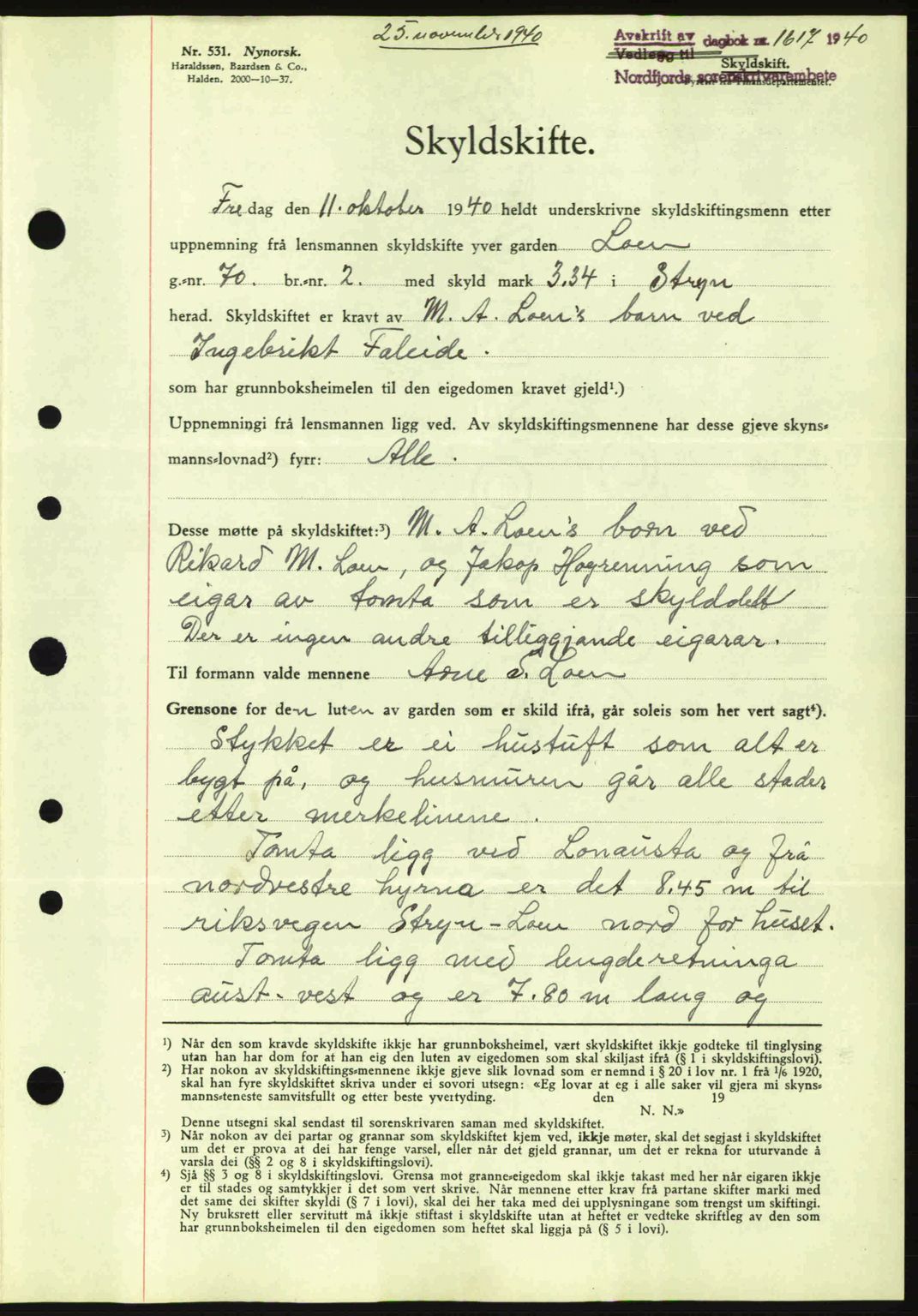 Nordfjord sorenskriveri, AV/SAB-A-2801/02/02b/02bj/L0006: Mortgage book no. A6, 1940-1941, Diary no: : 1617/1940