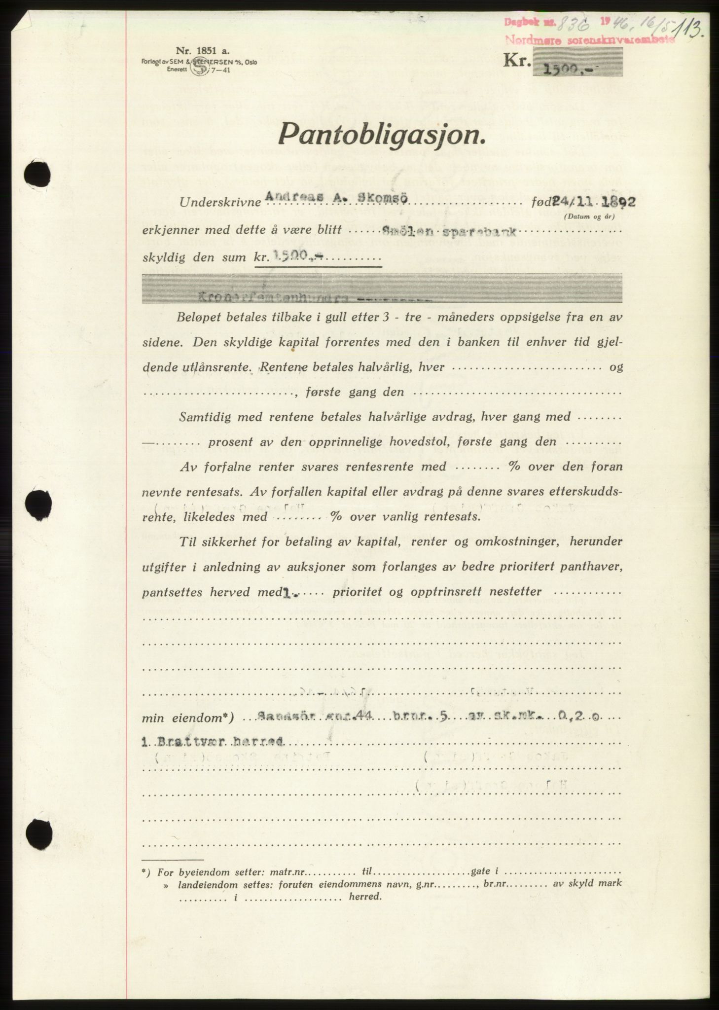 Nordmøre sorenskriveri, AV/SAT-A-4132/1/2/2Ca: Mortgage book no. B94, 1946-1946, Diary no: : 836/1946