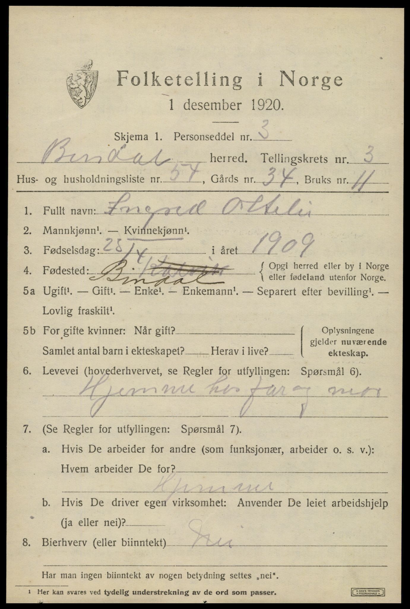 SAT, 1920 census for Bindal, 1920, p. 3307