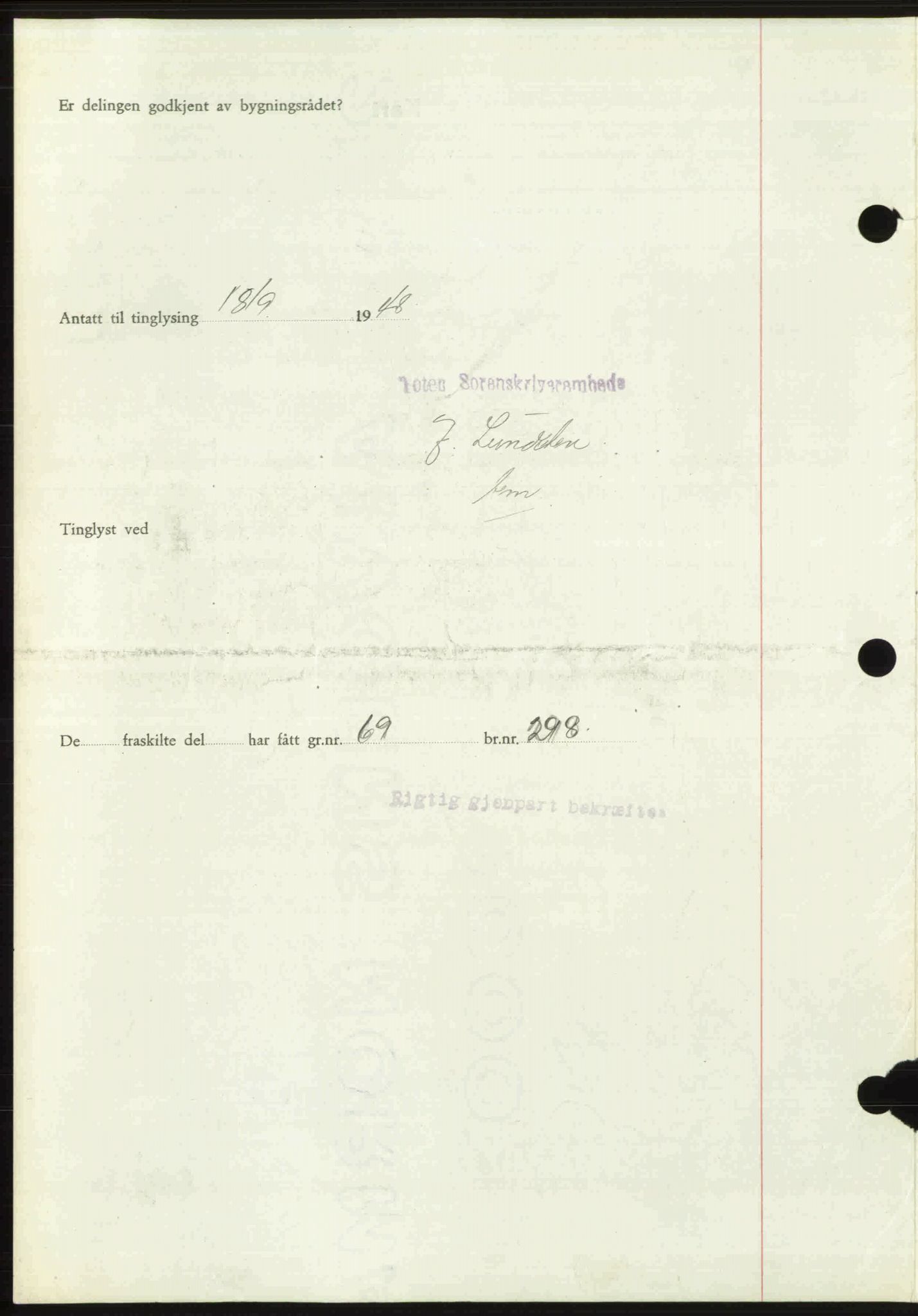 Toten tingrett, SAH/TING-006/H/Hb/Hbc/L0020: Mortgage book no. Hbc-20, 1948-1948, Diary no: : 3012/1948
