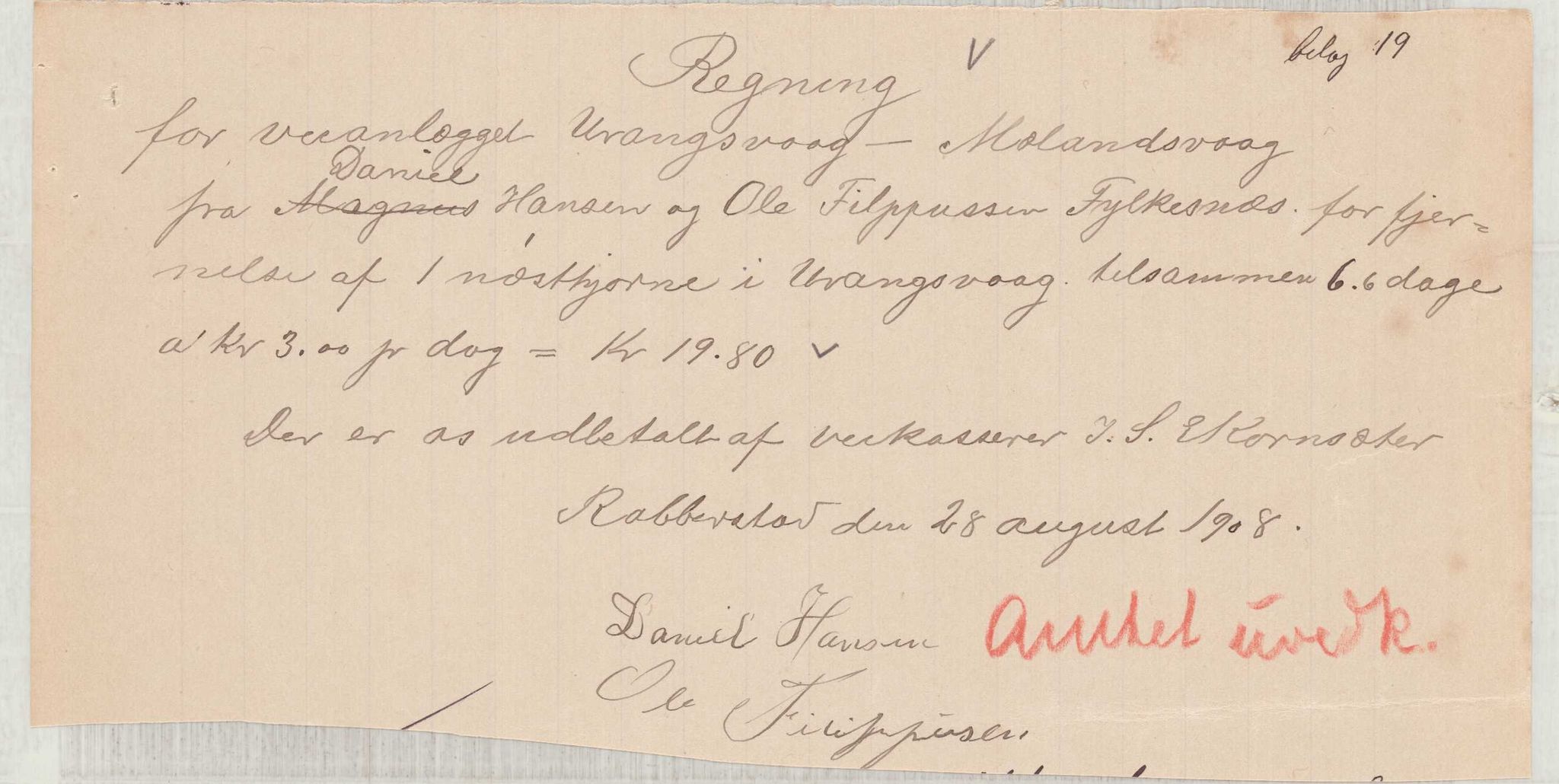 Finnaas kommune. Formannskapet, IKAH/1218a-021/E/Ea/L0002/0005: Rekneskap for veganlegg / Rekneskap for veganlegget Urangsvåg - Mælandsvåg, 1907-1909, p. 55