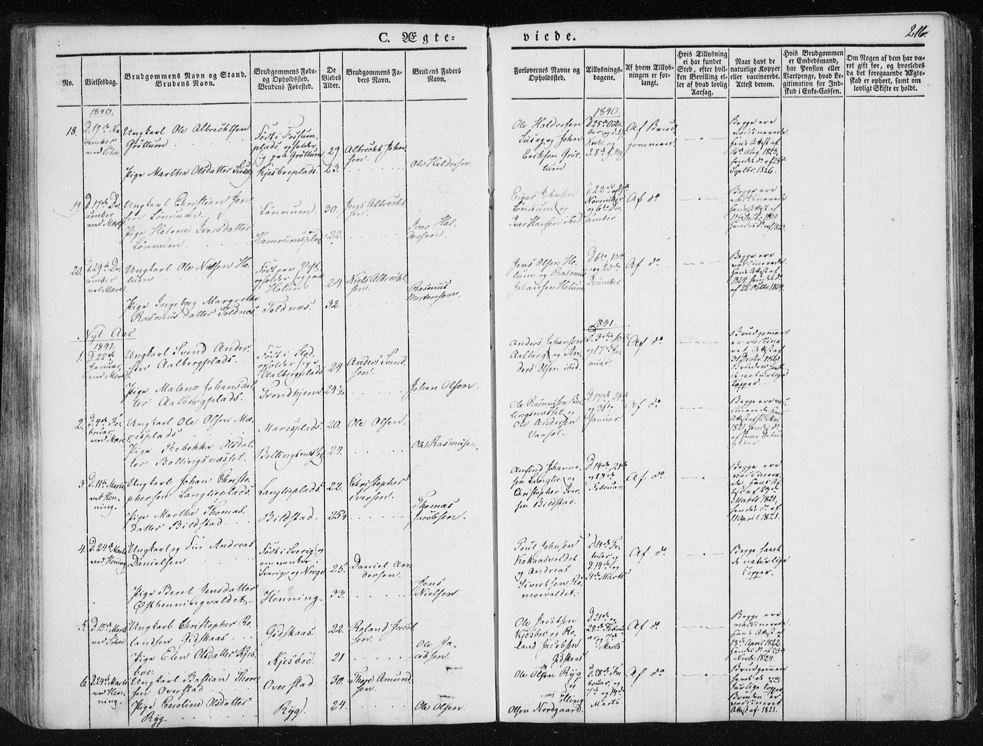 Ministerialprotokoller, klokkerbøker og fødselsregistre - Nord-Trøndelag, SAT/A-1458/735/L0339: Parish register (official) no. 735A06 /1, 1836-1848, p. 216