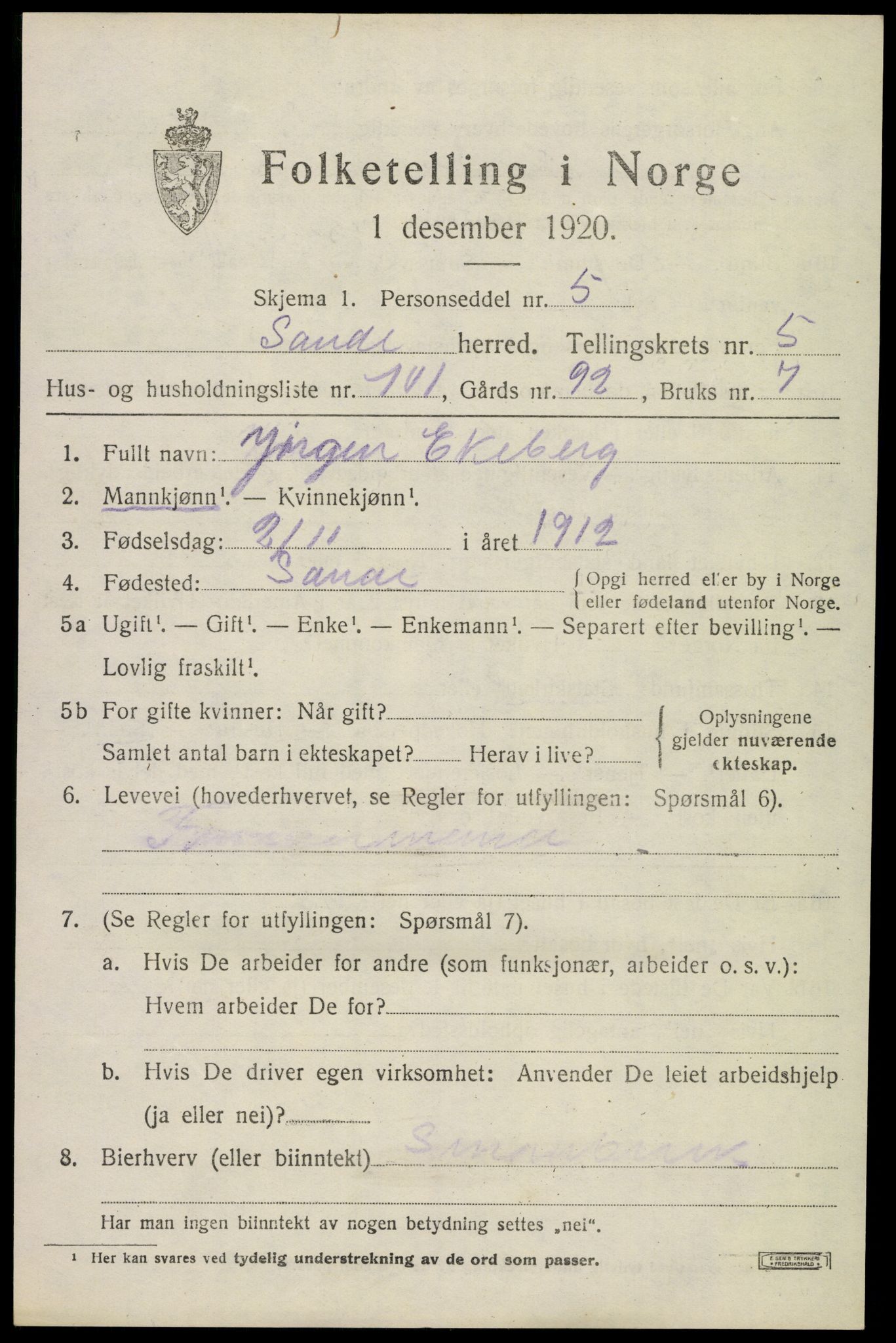 SAKO, 1920 census for Sande, 1920, p. 7256