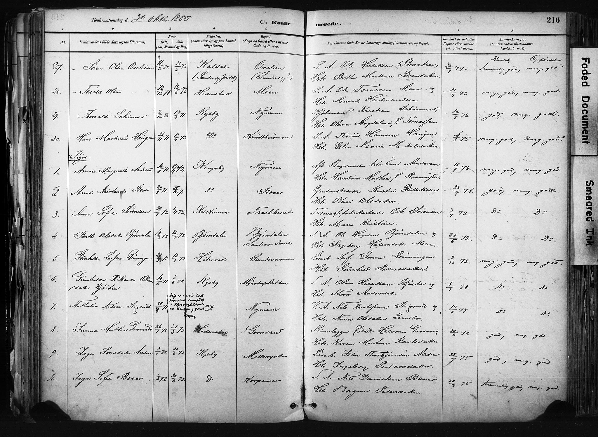 Kongsberg kirkebøker, AV/SAKO-A-22/F/Fb/L0002: Parish register (official) no. II 2, 1886-1896, p. 216