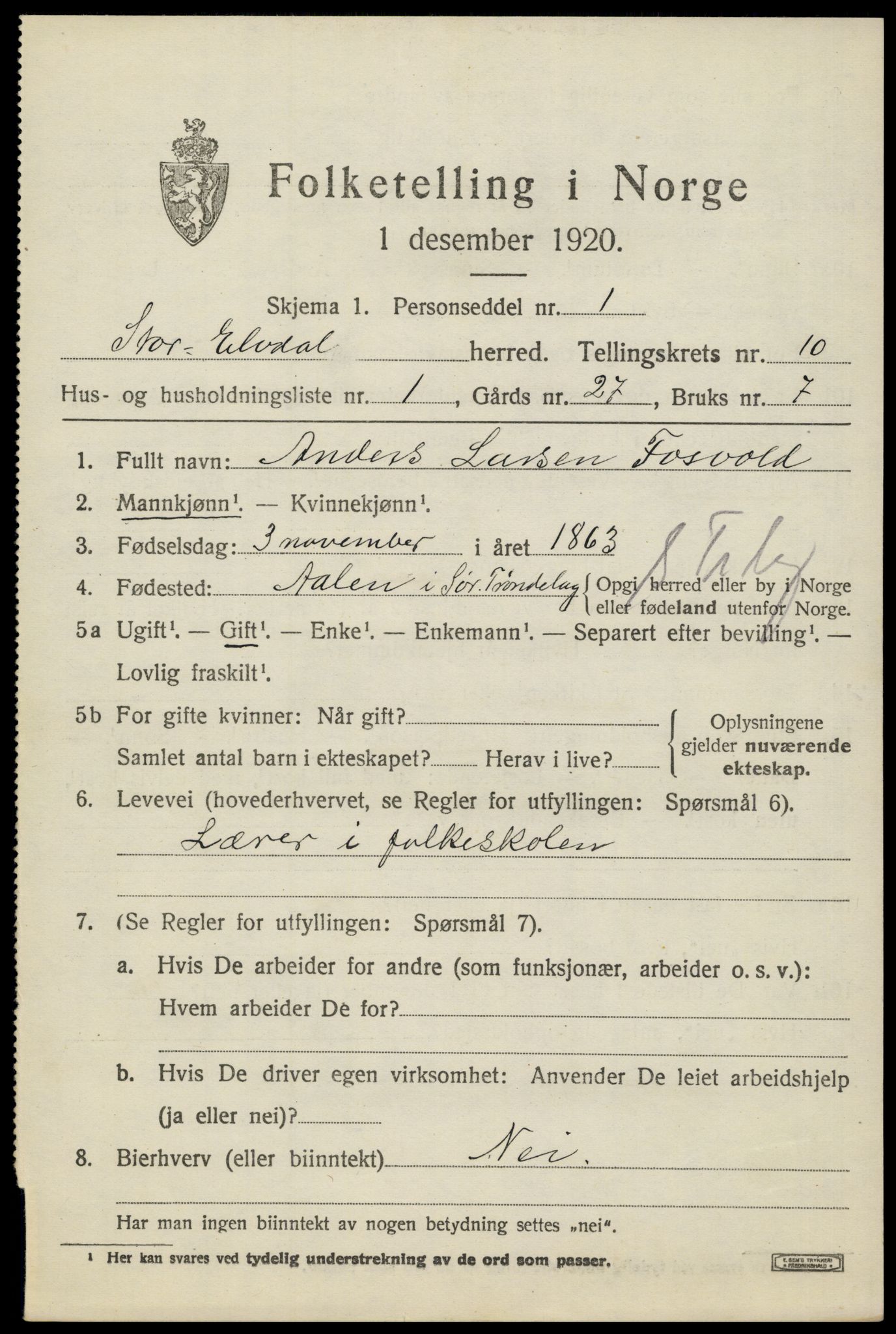 SAH, 1920 census for Stor-Elvdal, 1920, p. 9062