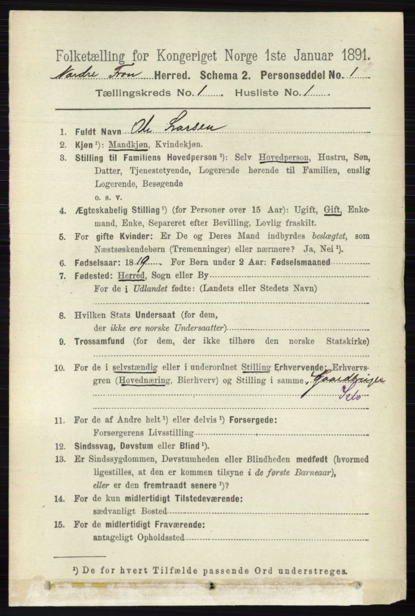 RA, 1891 census for 0518 Nord-Fron, 1891, p. 75