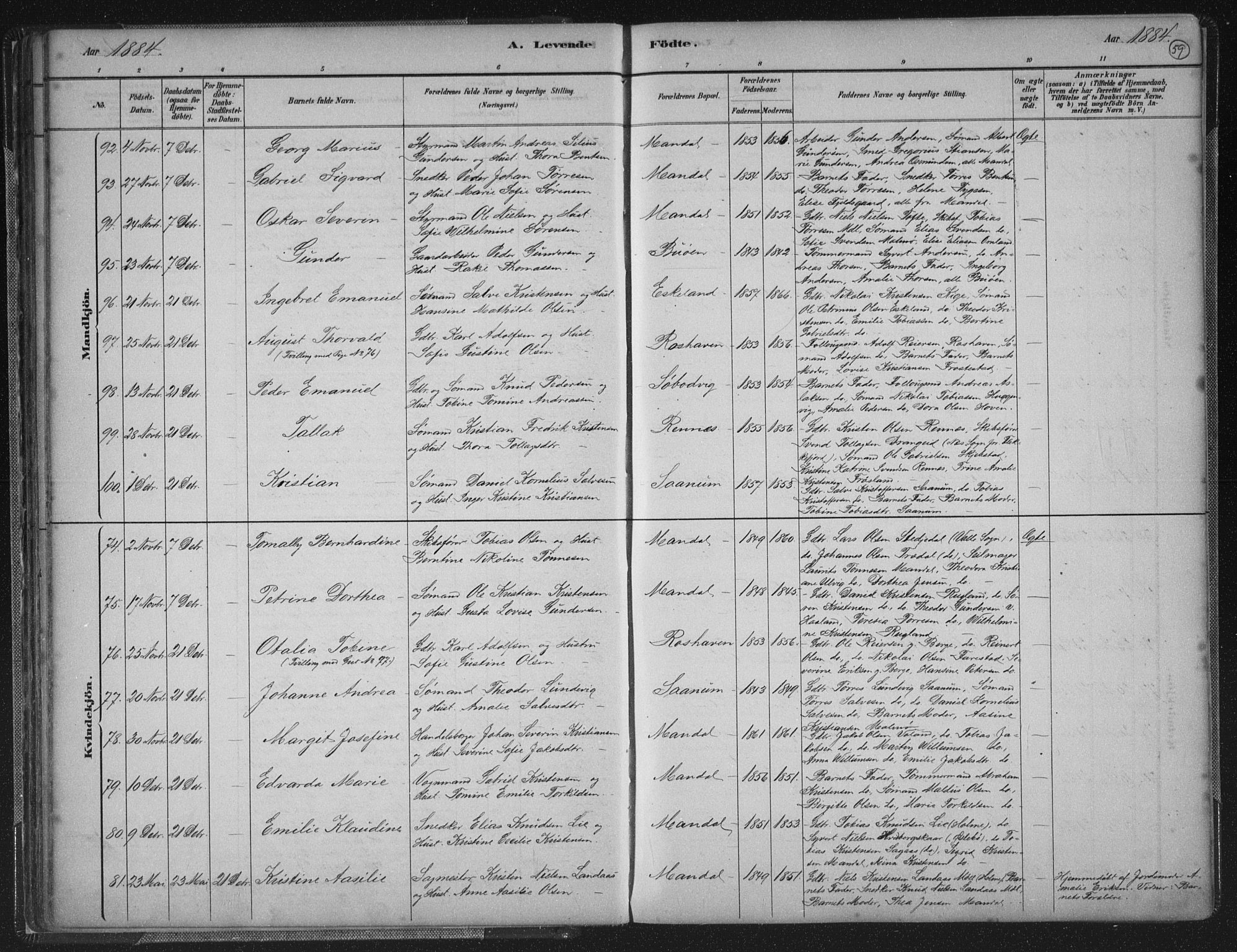 Mandal sokneprestkontor, AV/SAK-1111-0030/F/Fb/Fba/L0011: Parish register (copy) no. B 5, 1880-1898, p. 59