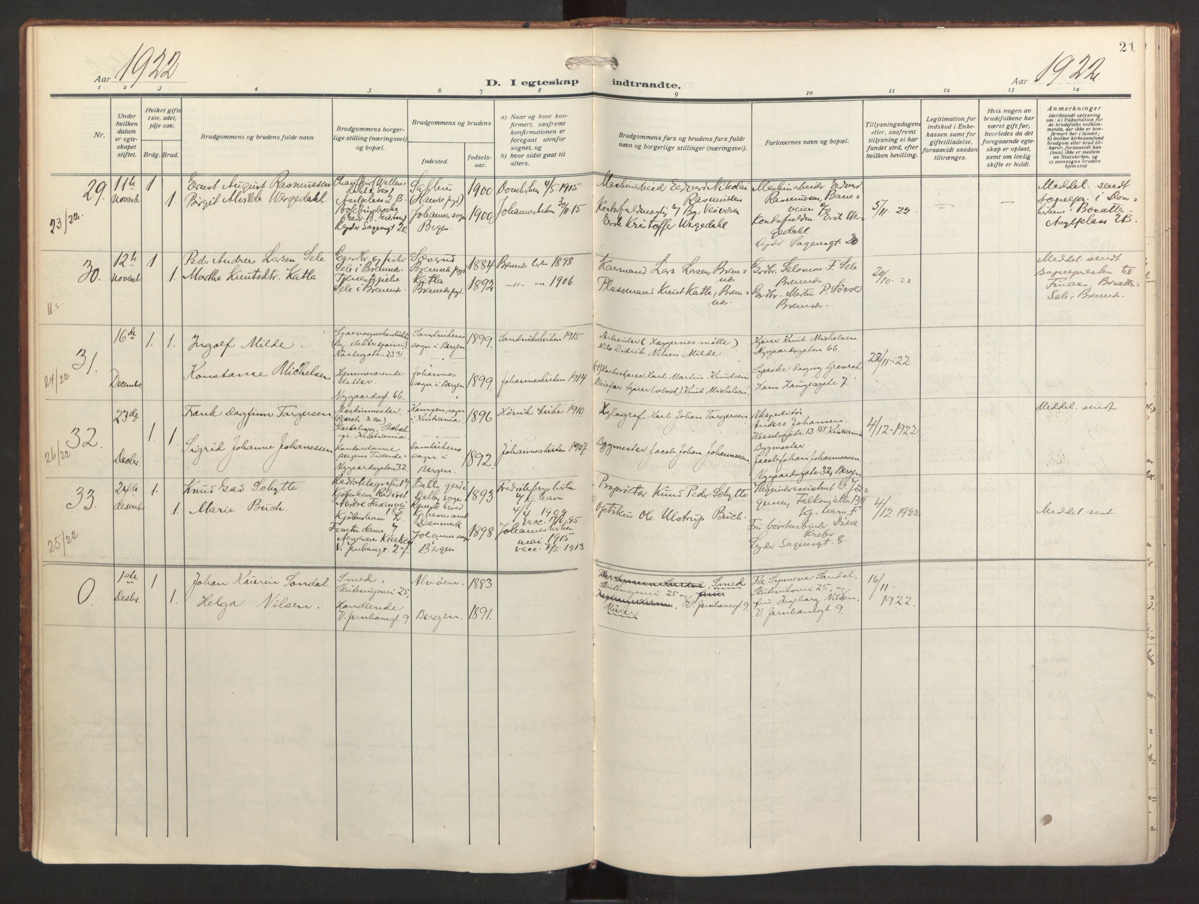 St. Jacob sokneprestembete, AV/SAB-A-78001/H/Haa/L0005: Parish register (official) no. C 1, 1917-1951, p. 21