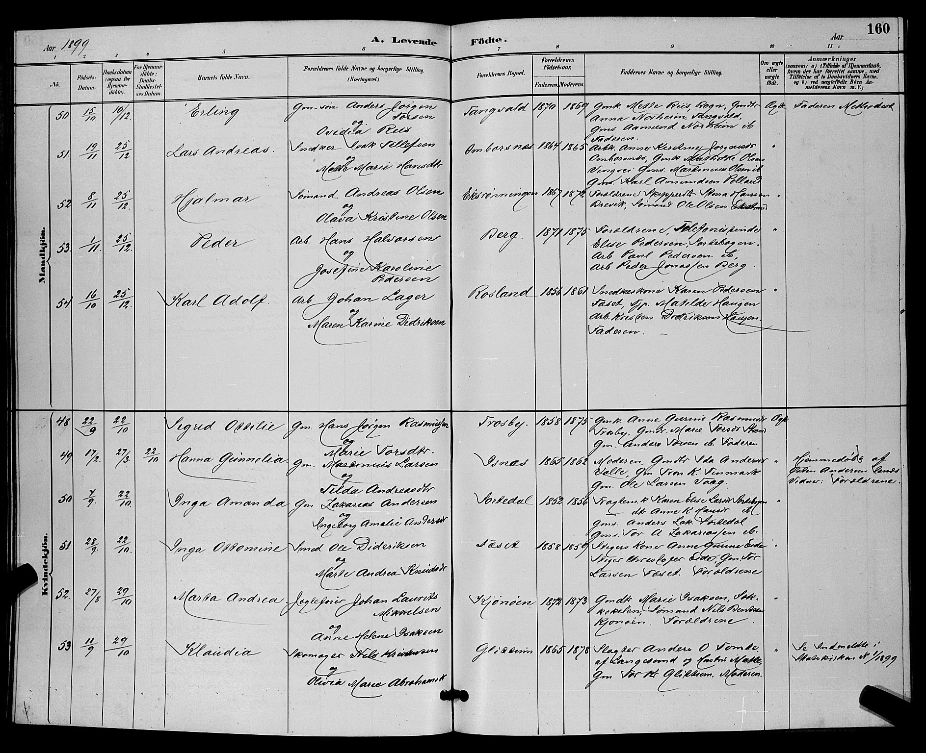 Bamble kirkebøker, SAKO/A-253/G/Ga/L0009: Parish register (copy) no. I 9, 1888-1900, p. 160