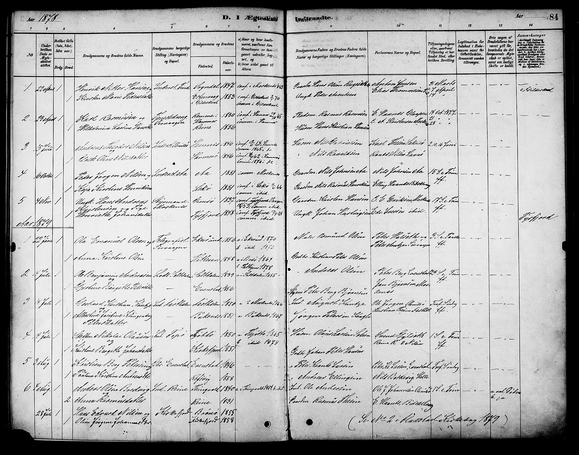 Ministerialprotokoller, klokkerbøker og fødselsregistre - Nordland, SAT/A-1459/886/L1219: Parish register (official) no. 886A01, 1878-1892, p. 84