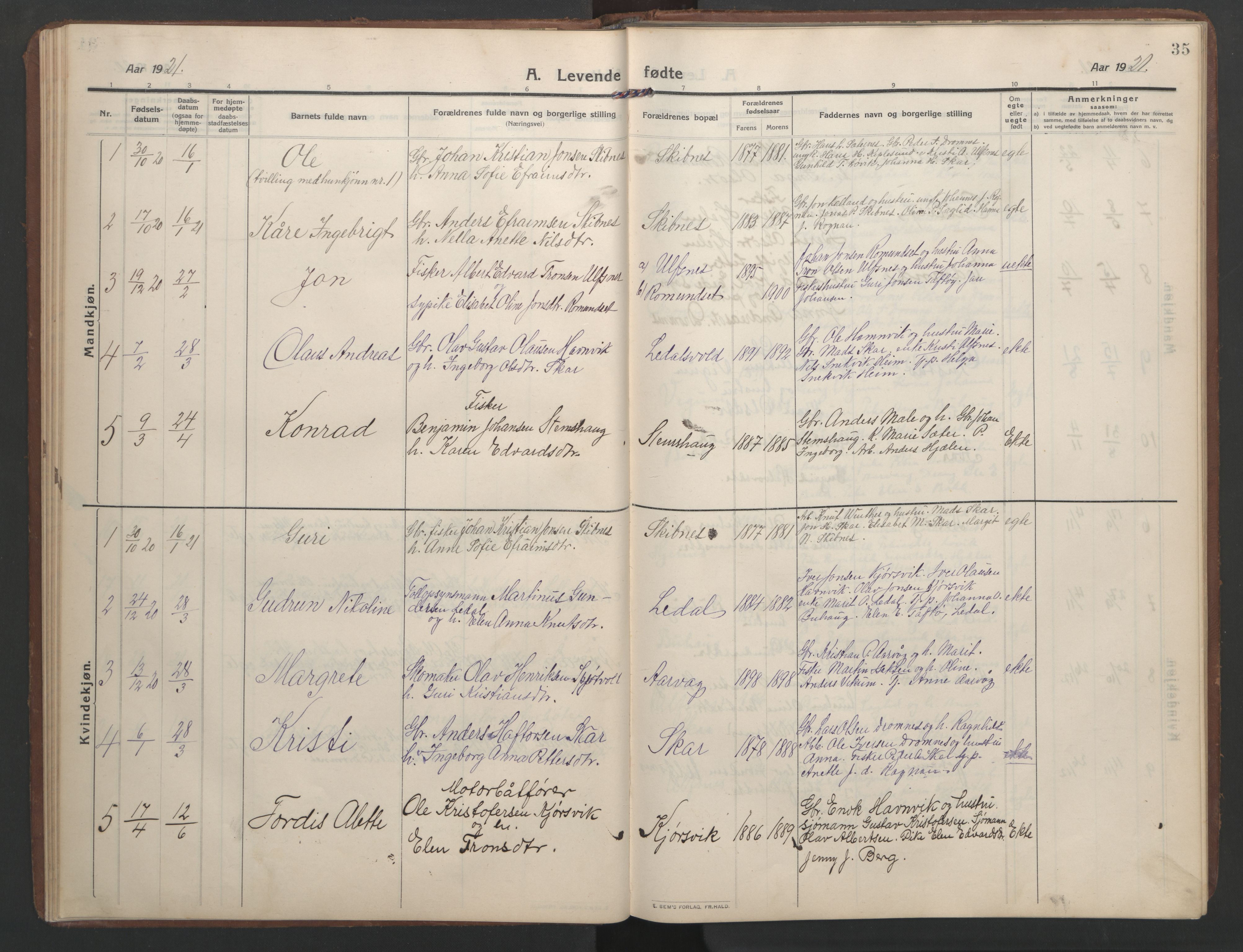 Ministerialprotokoller, klokkerbøker og fødselsregistre - Møre og Romsdal, AV/SAT-A-1454/579/L0919: Parish register (copy) no. 579C01, 1909-1957, p. 35