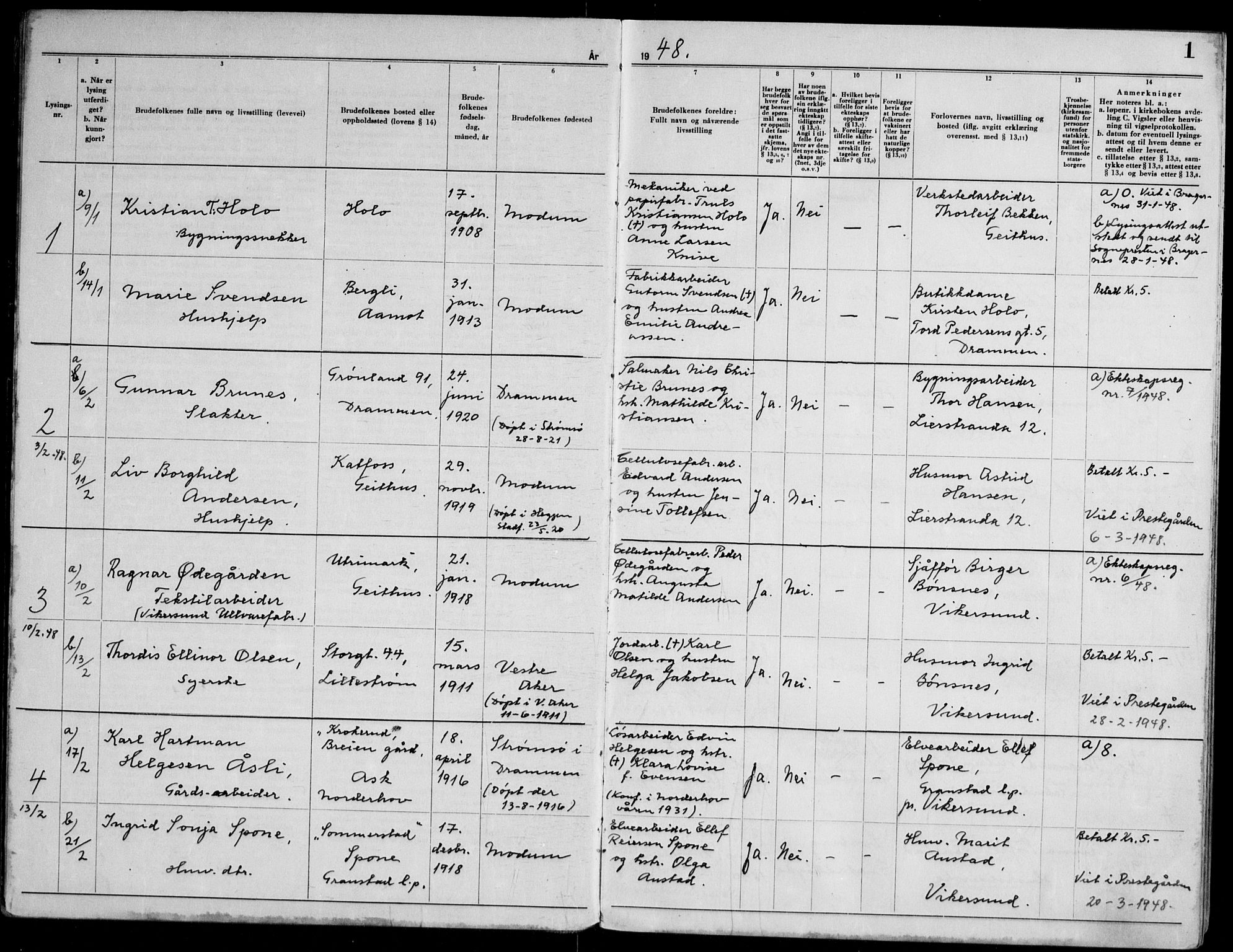 Modum kirkebøker, SAKO/A-234/H/Ha/L0005: Banns register no. I 5, 1949-1953, p. 1