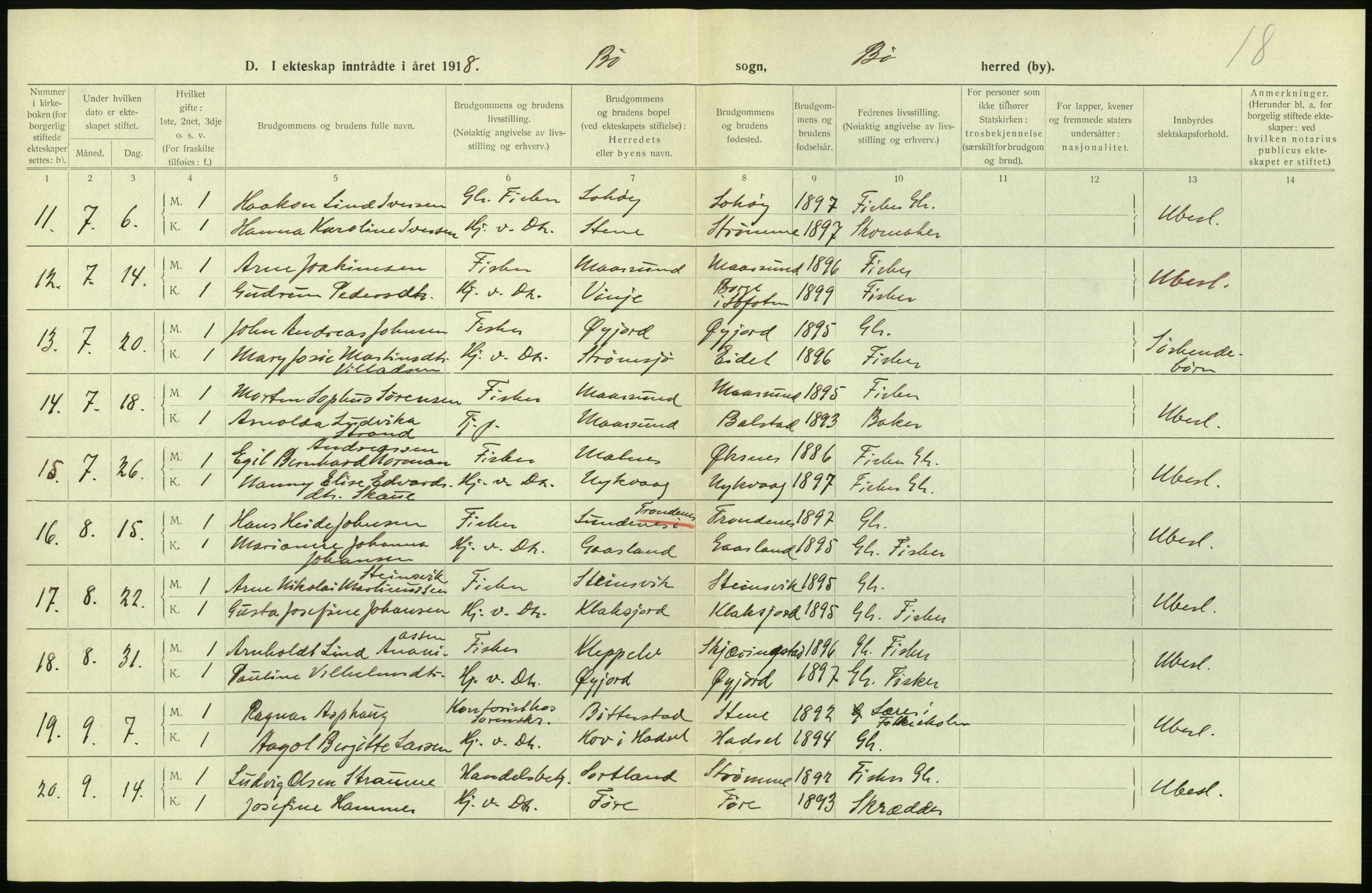 Statistisk sentralbyrå, Sosiodemografiske emner, Befolkning, AV/RA-S-2228/D/Df/Dfb/Dfbh/L0054: Nordland fylke: Gifte, dødfødte. Bygder og byer., 1918, p. 298