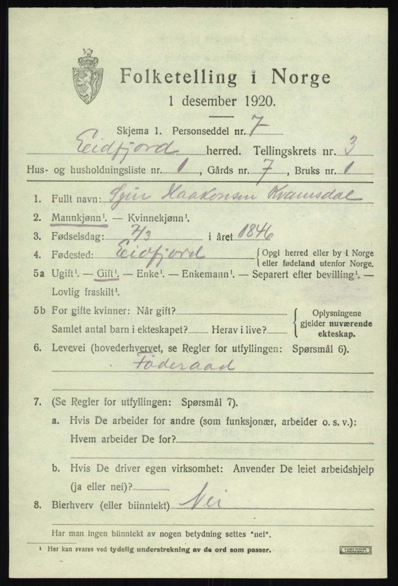 SAB, 1920 census for Eidfjord, 1920, p. 1004