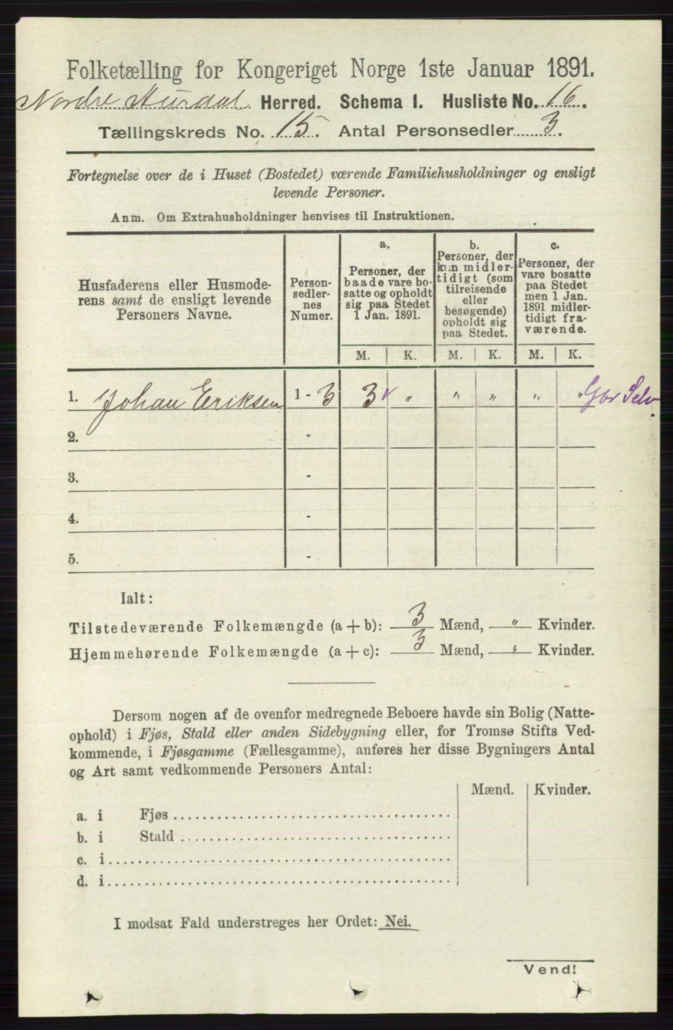 RA, 1891 census for 0542 Nord-Aurdal, 1891, p. 5685