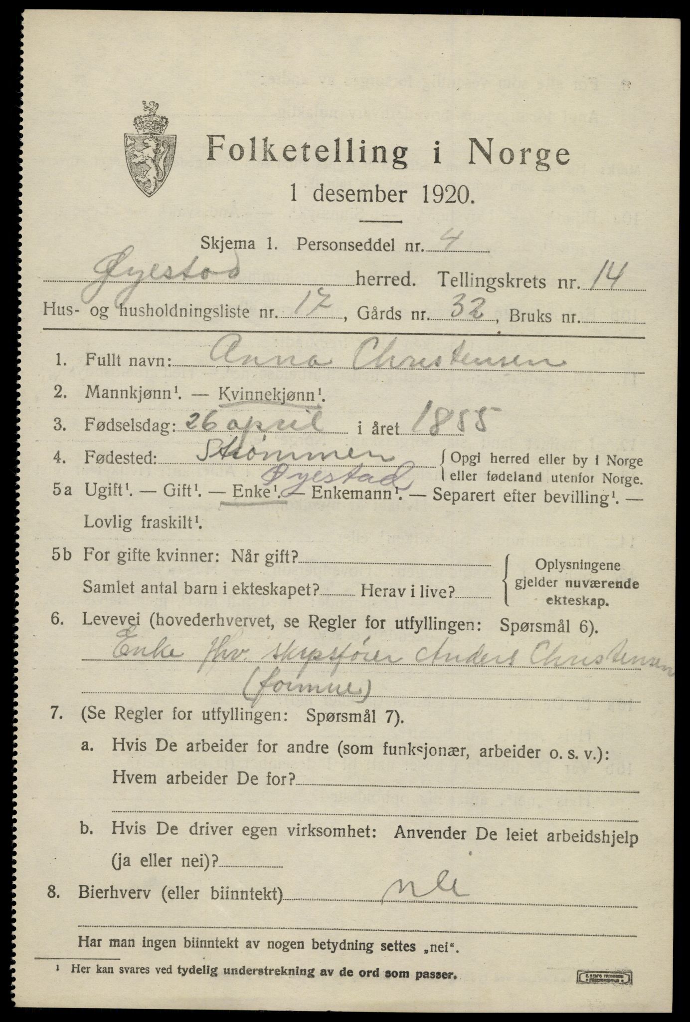 SAK, 1920 census for Øyestad, 1920, p. 9404