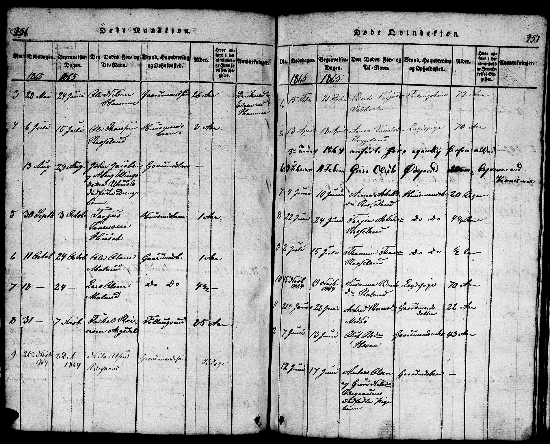 Bjelland sokneprestkontor, SAK/1111-0005/F/Fb/Fba/L0003: Parish register (copy) no. B 3, 1816-1870, p. 256-257