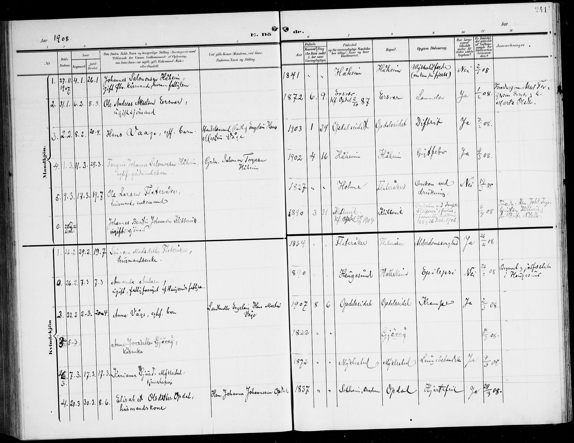 Tysnes sokneprestembete, AV/SAB-A-78601/H/Haa: Parish register (official) no. D 2, 1905-1922, p. 241