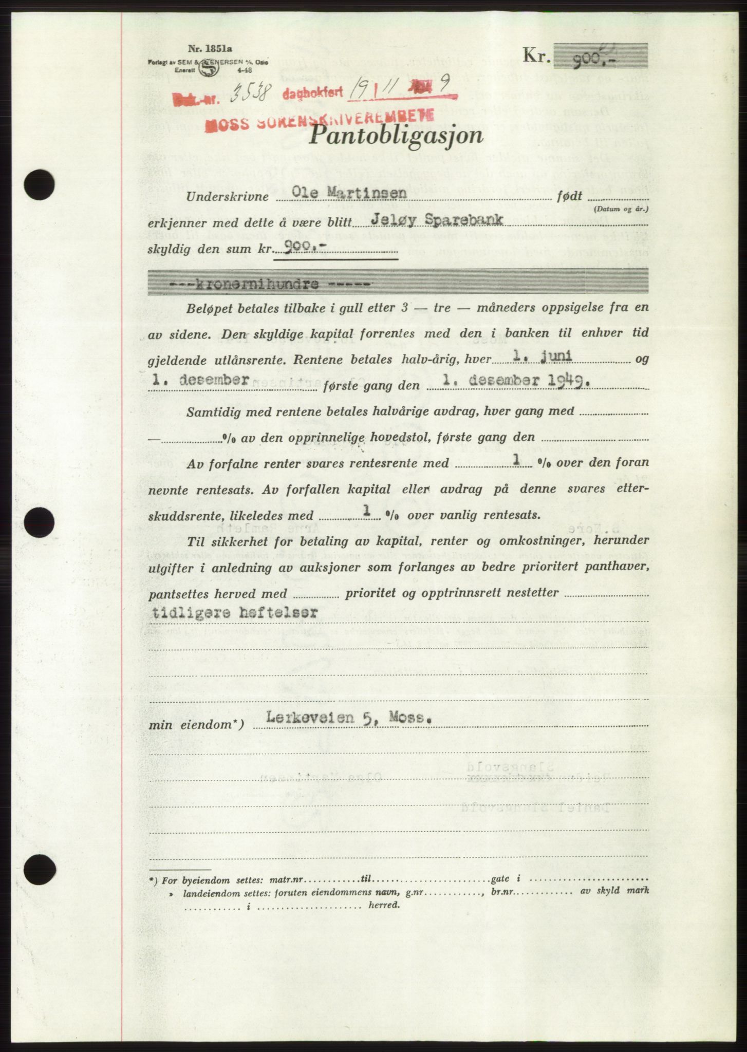 Moss sorenskriveri, SAO/A-10168: Mortgage book no. B23, 1949-1950, Diary no: : 3538/1949
