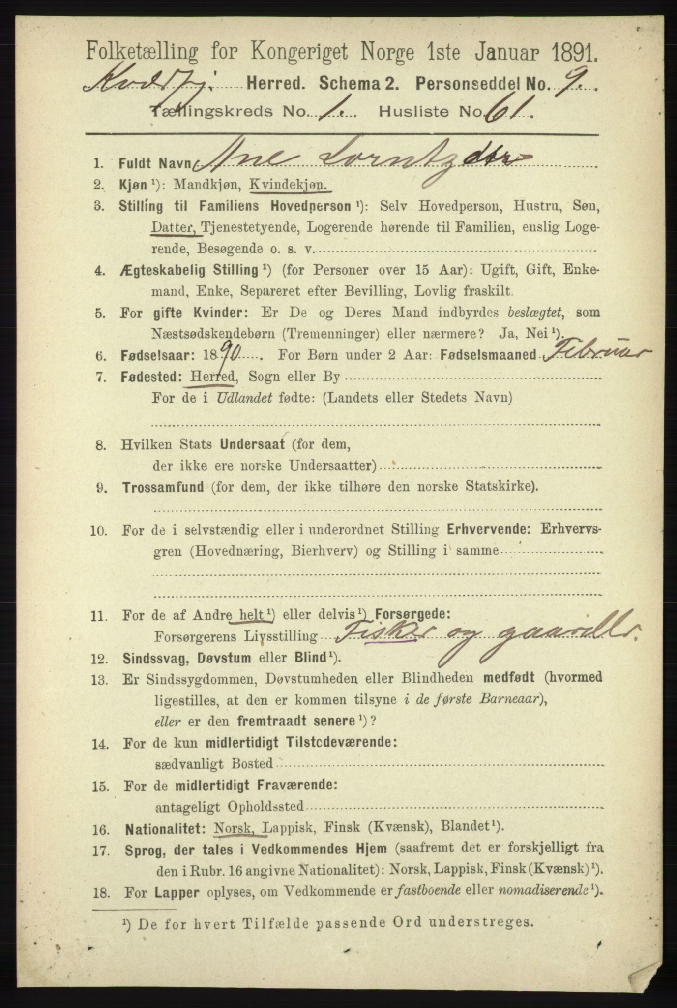 RA, 1891 census for 1911 Kvæfjord, 1891, p. 517