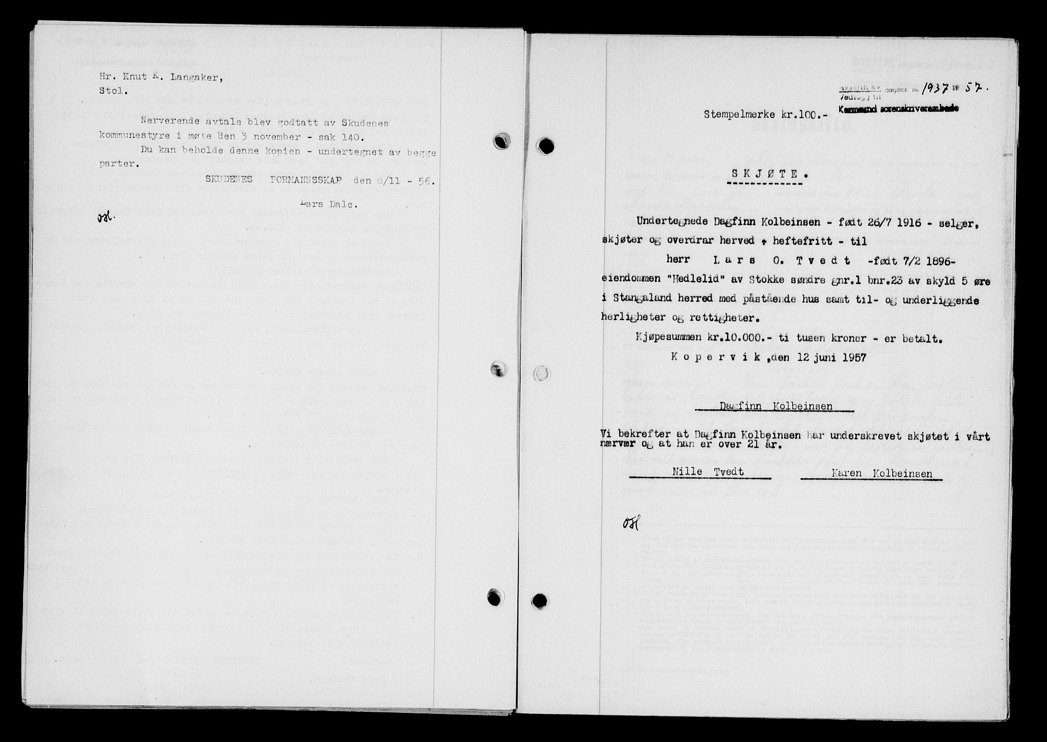 Karmsund sorenskriveri, AV/SAST-A-100311/01/II/IIB/L0125: Mortgage book no. 105A, 1957-1957, Diary no: : 1937/1957