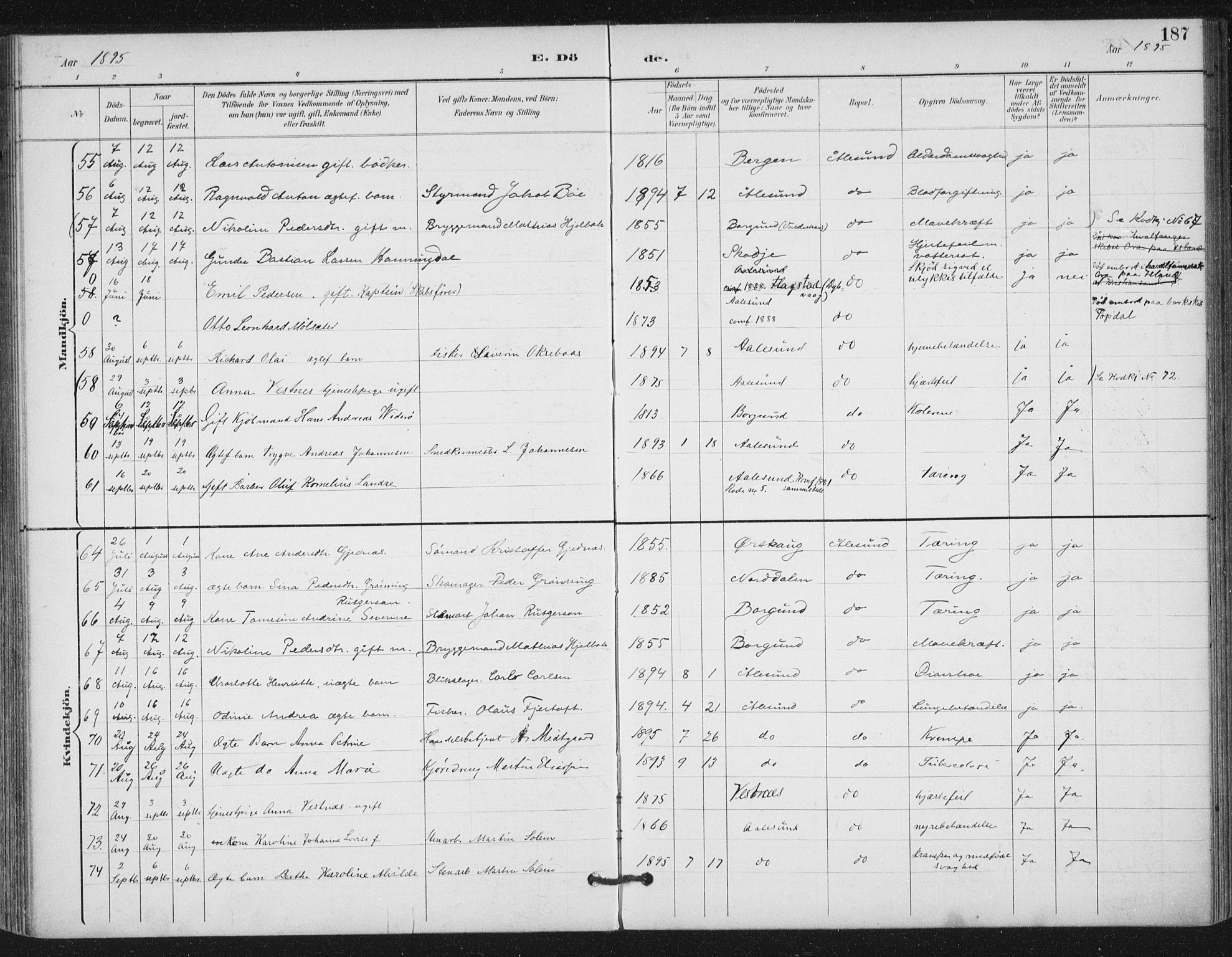 Ministerialprotokoller, klokkerbøker og fødselsregistre - Møre og Romsdal, AV/SAT-A-1454/529/L0457: Parish register (official) no. 529A07, 1894-1903, p. 187