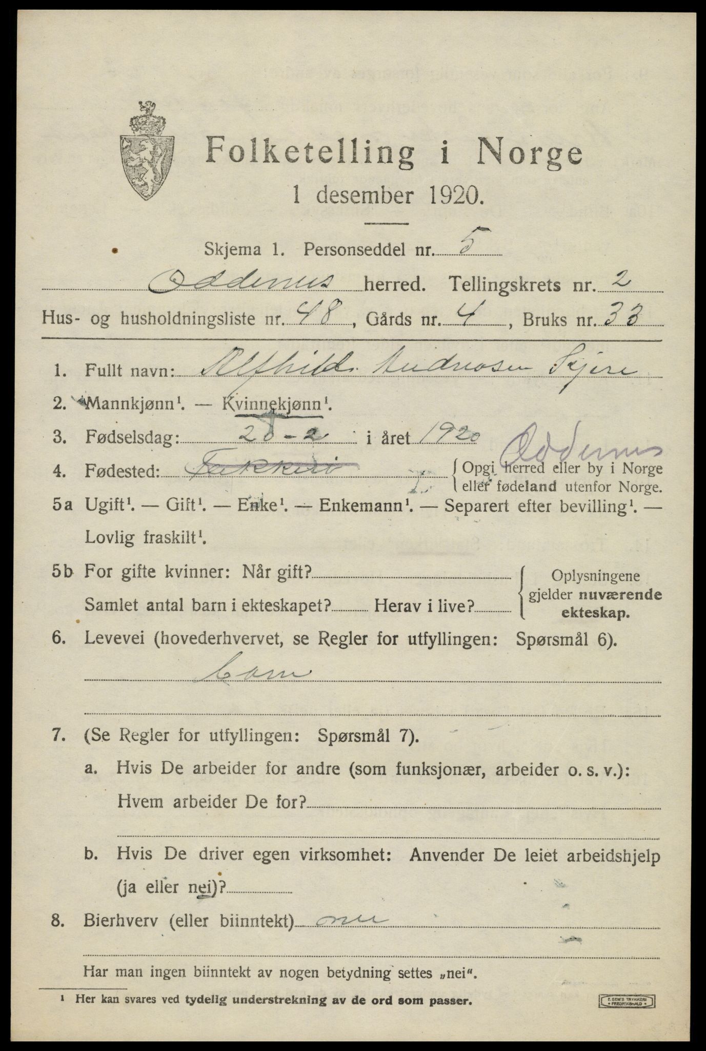 SAK, 1920 census for Oddernes, 1920, p. 3323