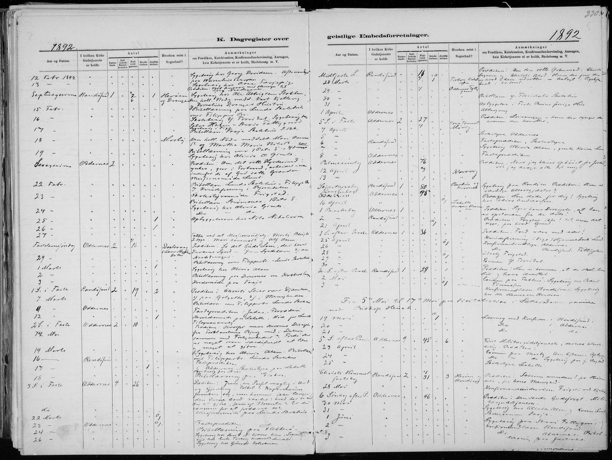 Oddernes sokneprestkontor, AV/SAK-1111-0033/F/Fa/Faa/L0009: Parish register (official) no. A 9, 1884-1896, p. 330