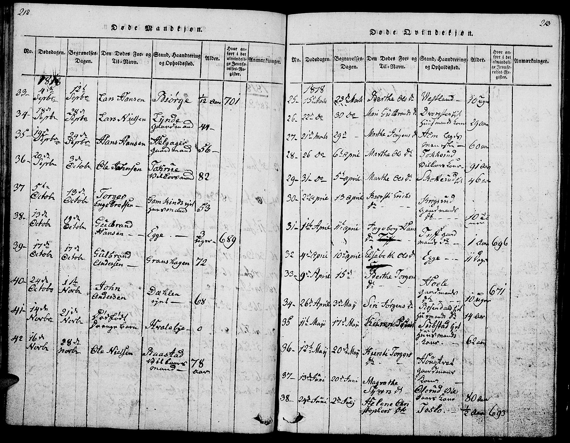 Gran prestekontor, SAH/PREST-112/H/Ha/Hab/L0001: Parish register (copy) no. 1, 1815-1824, p. 212-213