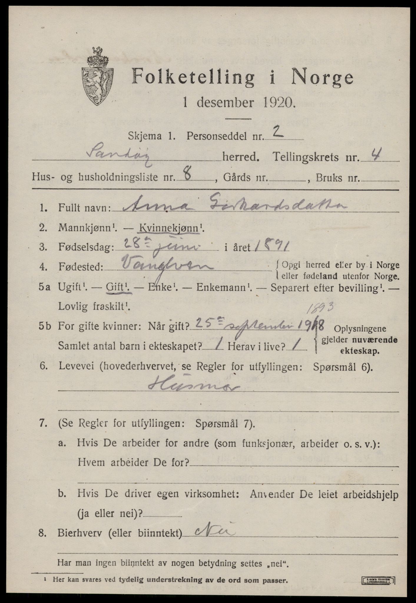 SAT, 1920 census for Sandøy, 1920, p. 1290